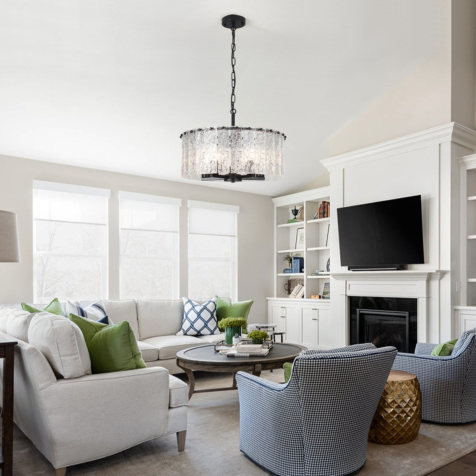 5-Light Modern Round Drum Chandelier, Classic Semi Flush Mount Chandelier, Kitchen Island Pendant Light for Dining Room