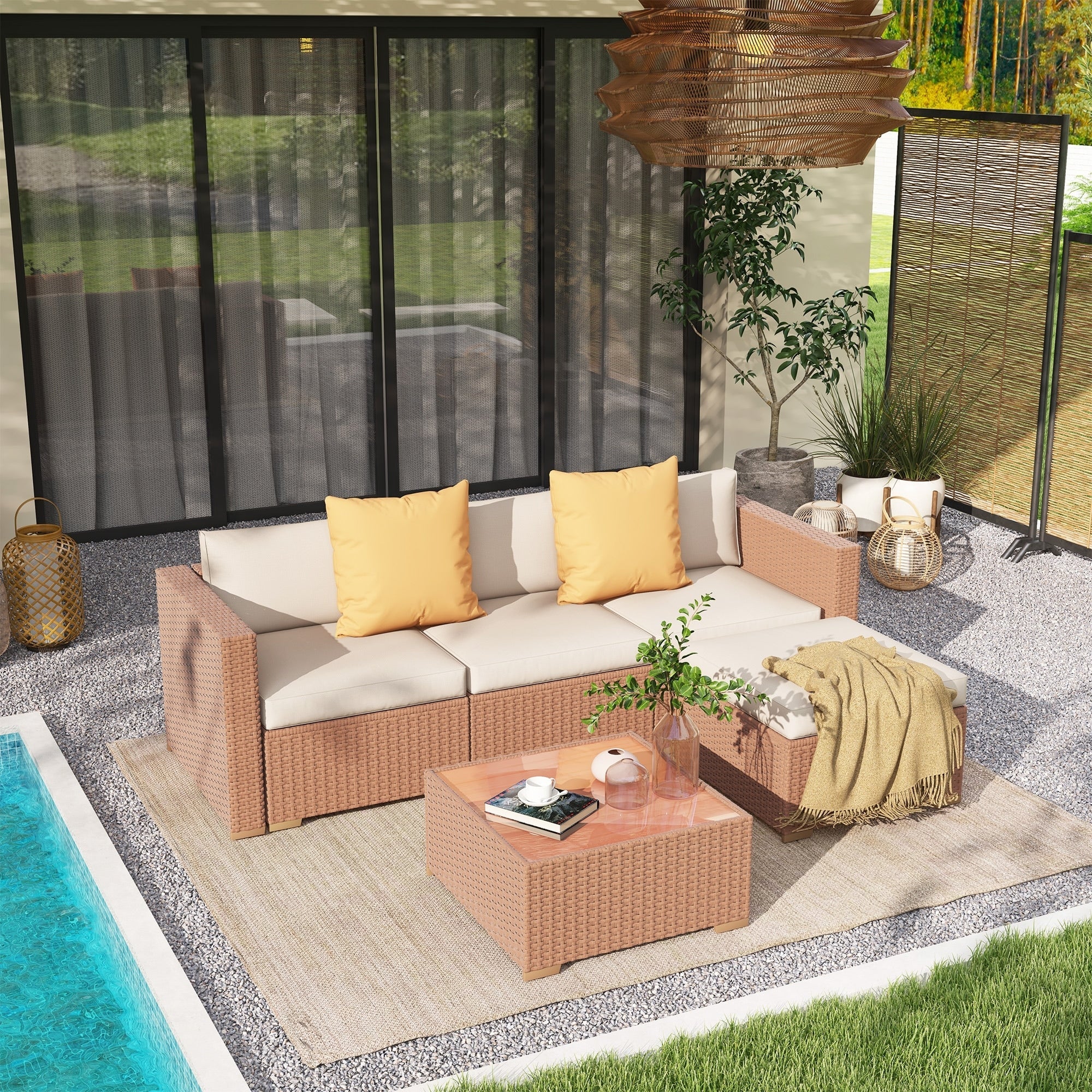 5-piece Outdoor Wicker Sectional Sofa Set with Cushions