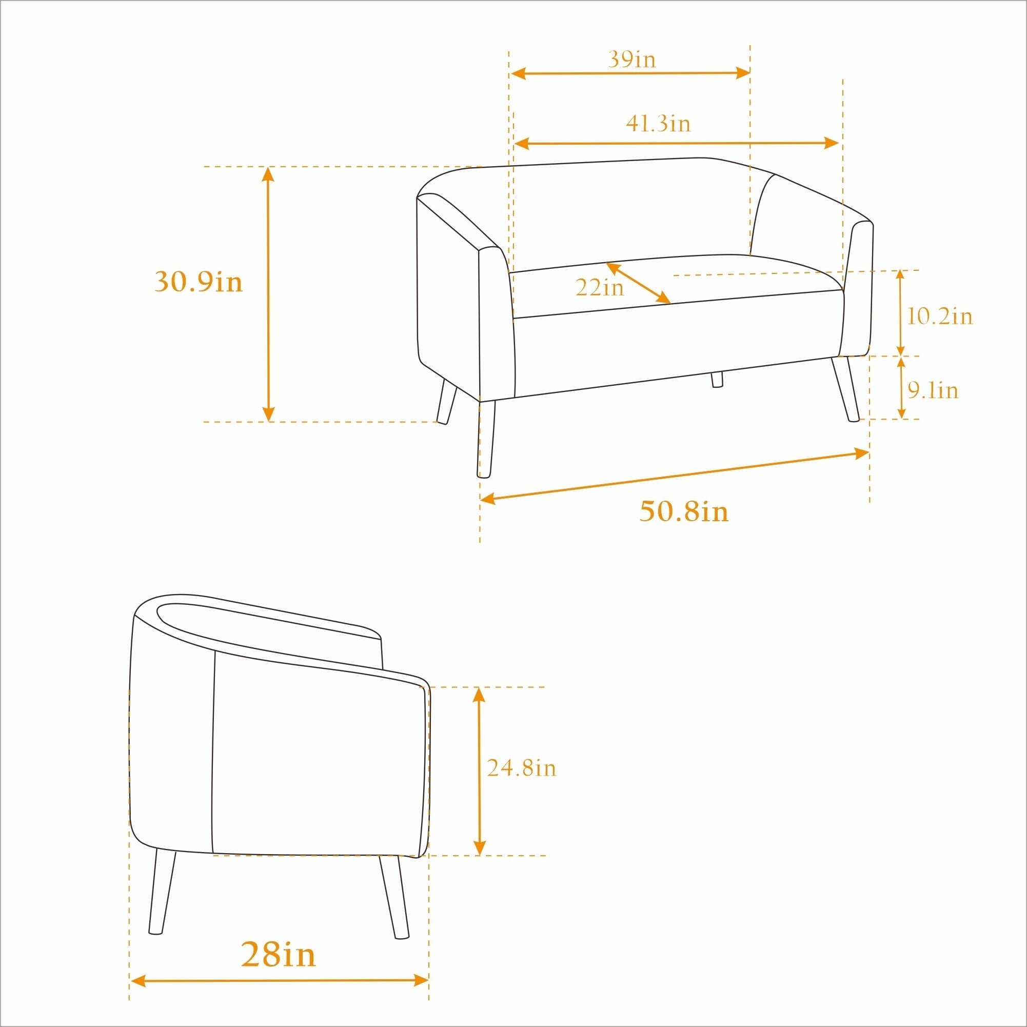 50.78 Modern Loveseat Couch Sofa, Corduroy Fabric Upholstered 2-Seat Sofa, Loveseat with Wooden Nature Legs