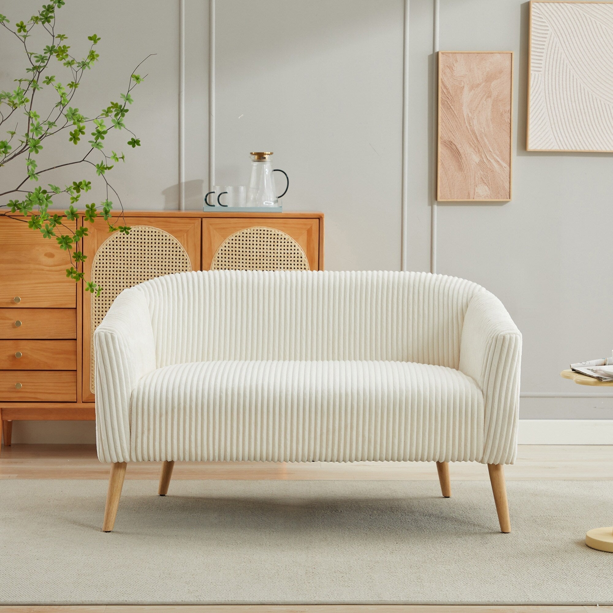 50.78 Modern Loveseat Couch Sofa, Corduroy Fabric Upholstered 2-Seat Sofa, Loveseat with Wooden Nature Legs