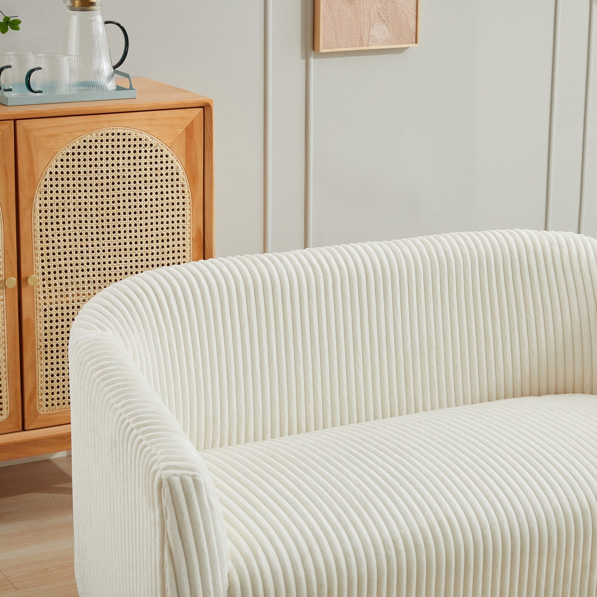 50.78 Modern Loveseat Couch Sofa, Corduroy Fabric Upholstered 2-Seat Sofa, Loveseat with Wooden Nature Legs