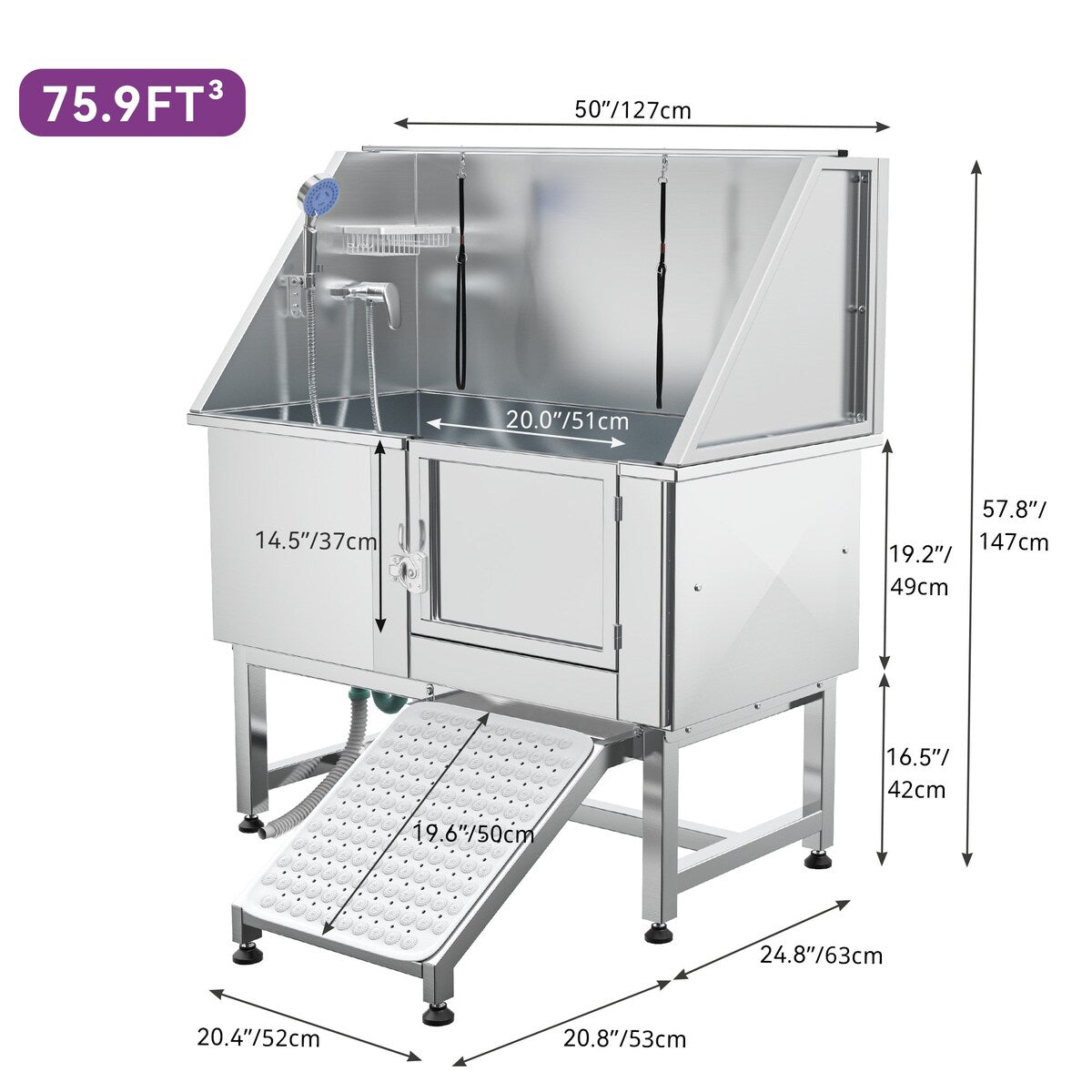 50'' W Stainless Steel Adjustable Pet Grooming Tub with Steps Ramp