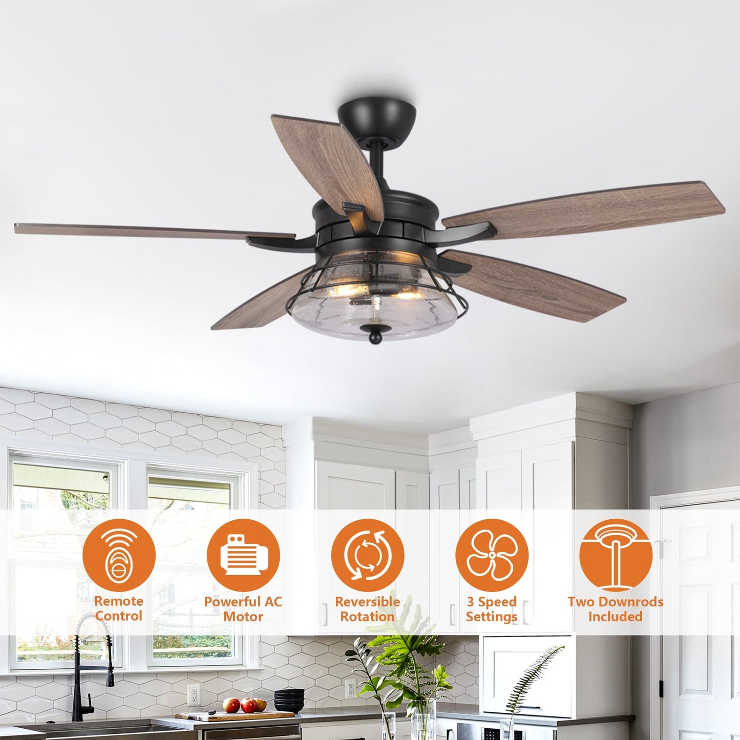 52 Industrial Seeded Glass Black Decorative Ceiling Fan with Remote and Light Kit