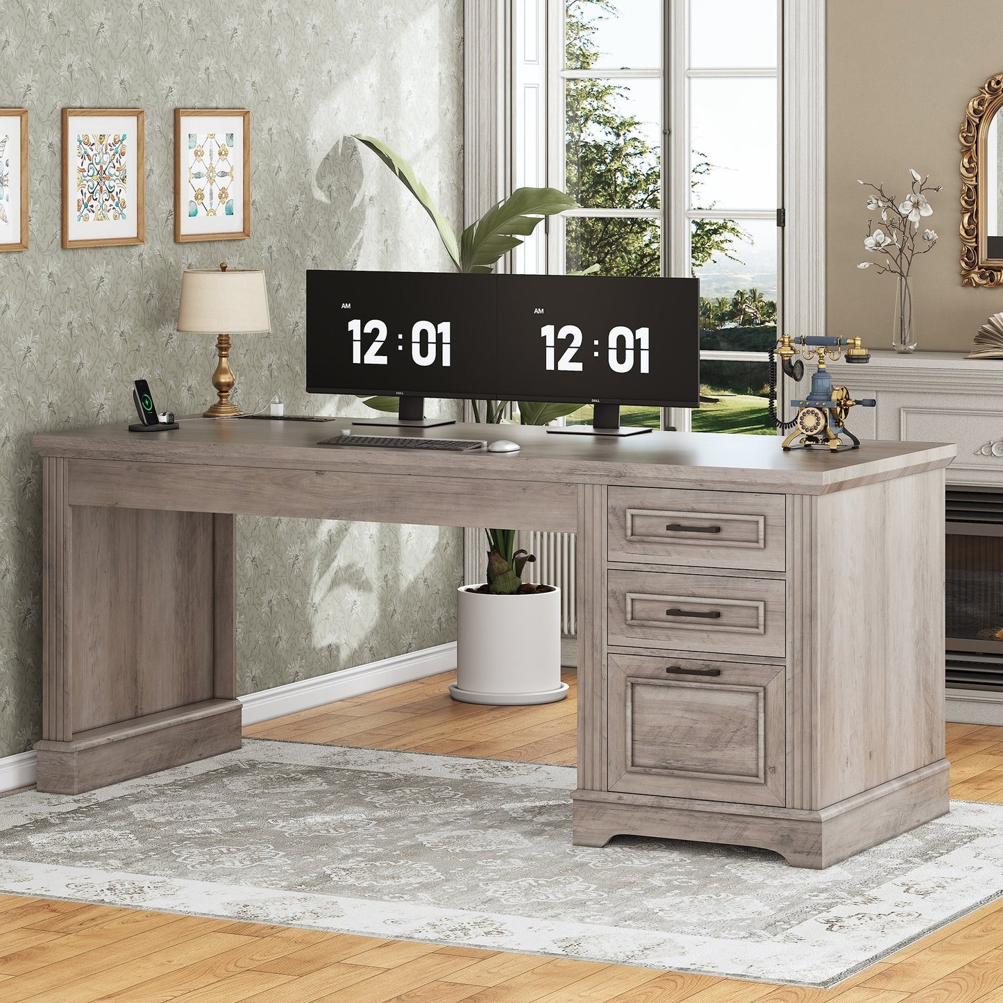 Farmhouse Executive Desk Home Office Desk File Drawer Monitor Stand Power Outlet