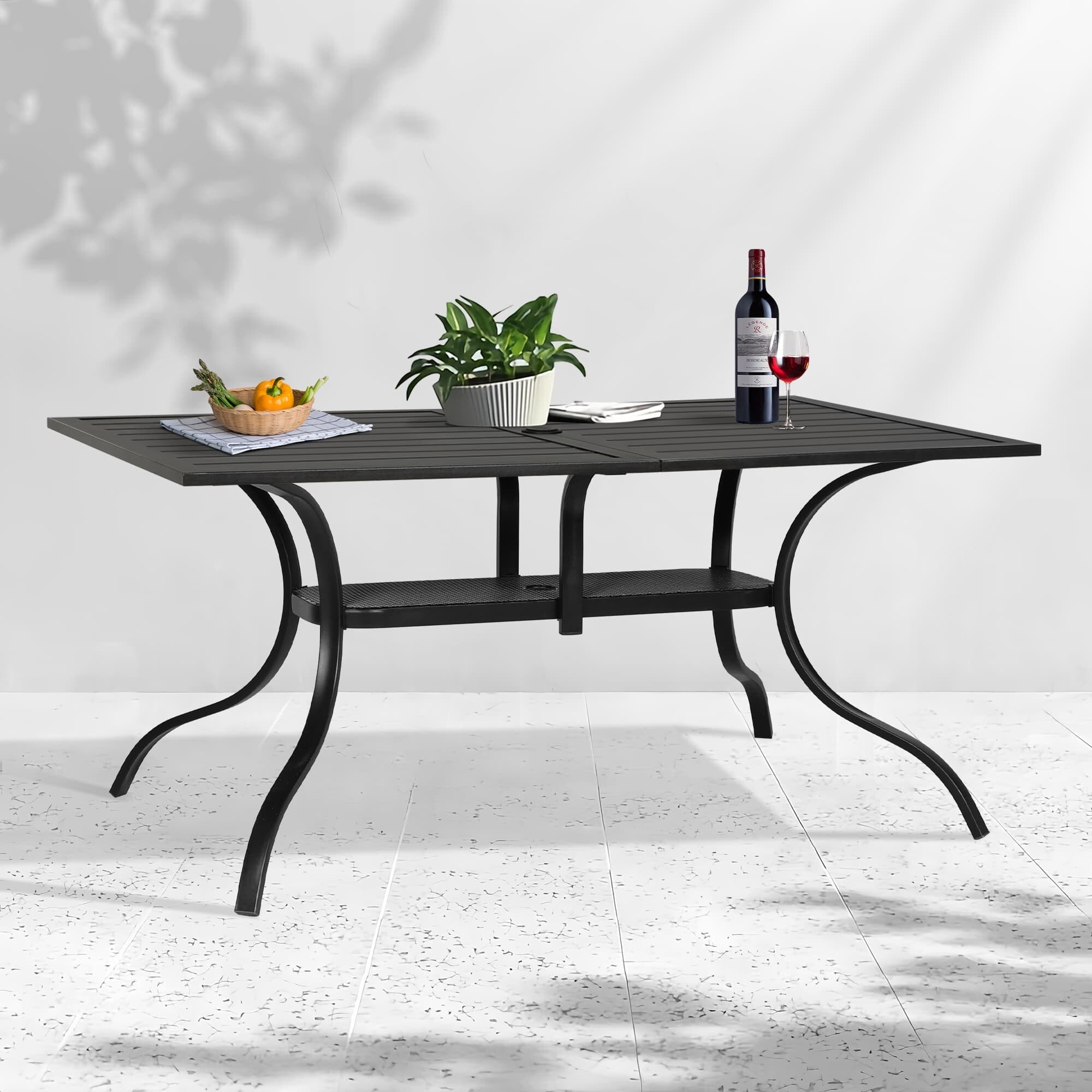 60 x 37 Outdoor Patio Rectangular Metal Slatted Dining Table with Umbrella Hole for 6 Person