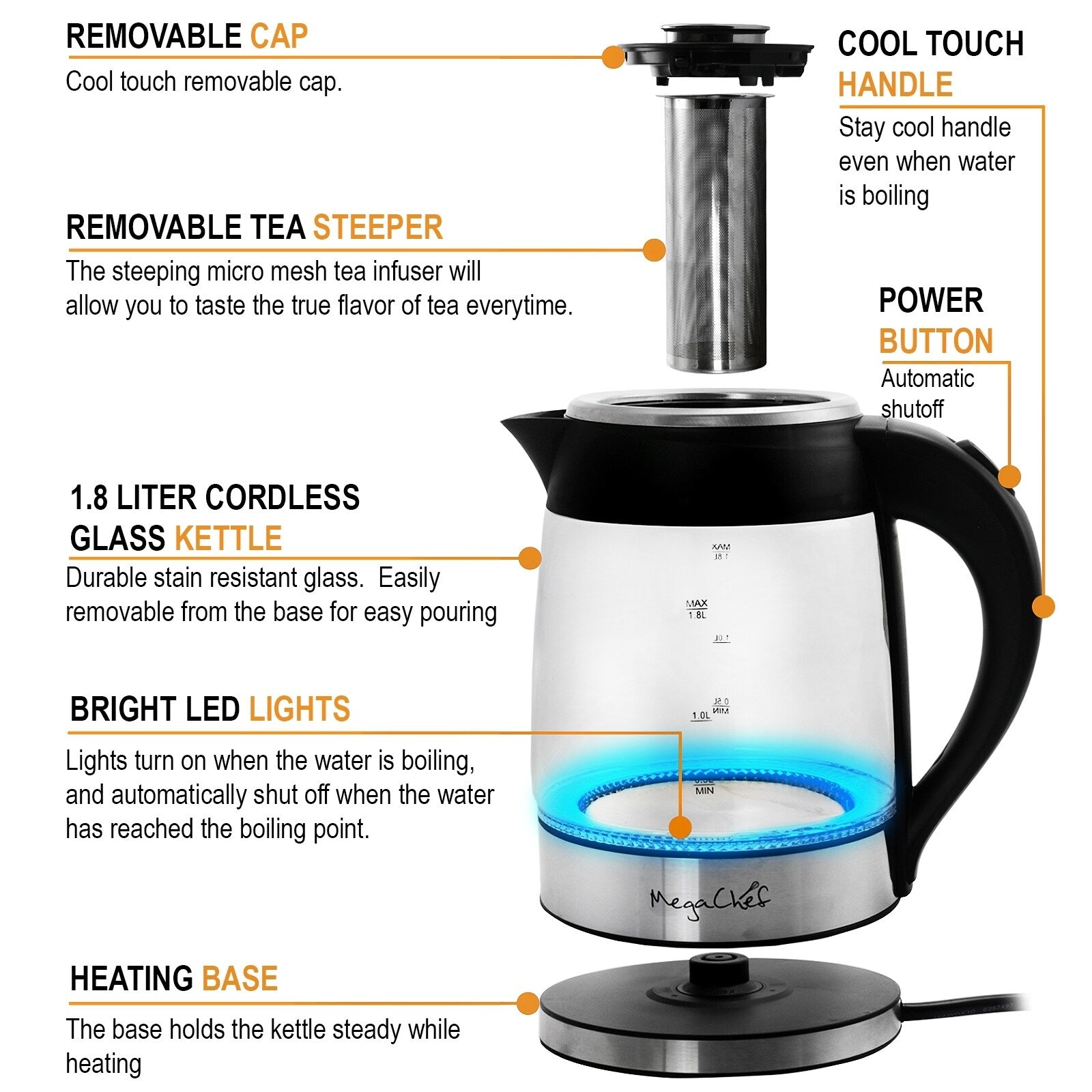 1.8 Quart Glass and Stainless Steel Electric Tea Kettle and Infuser