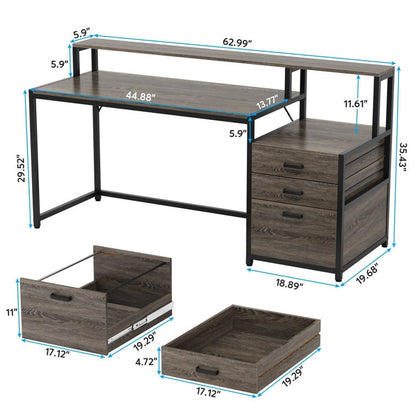 63 Computer Desk with Monitor Stand, Ergonomic Home Office Desks with Drawers File Cabinet