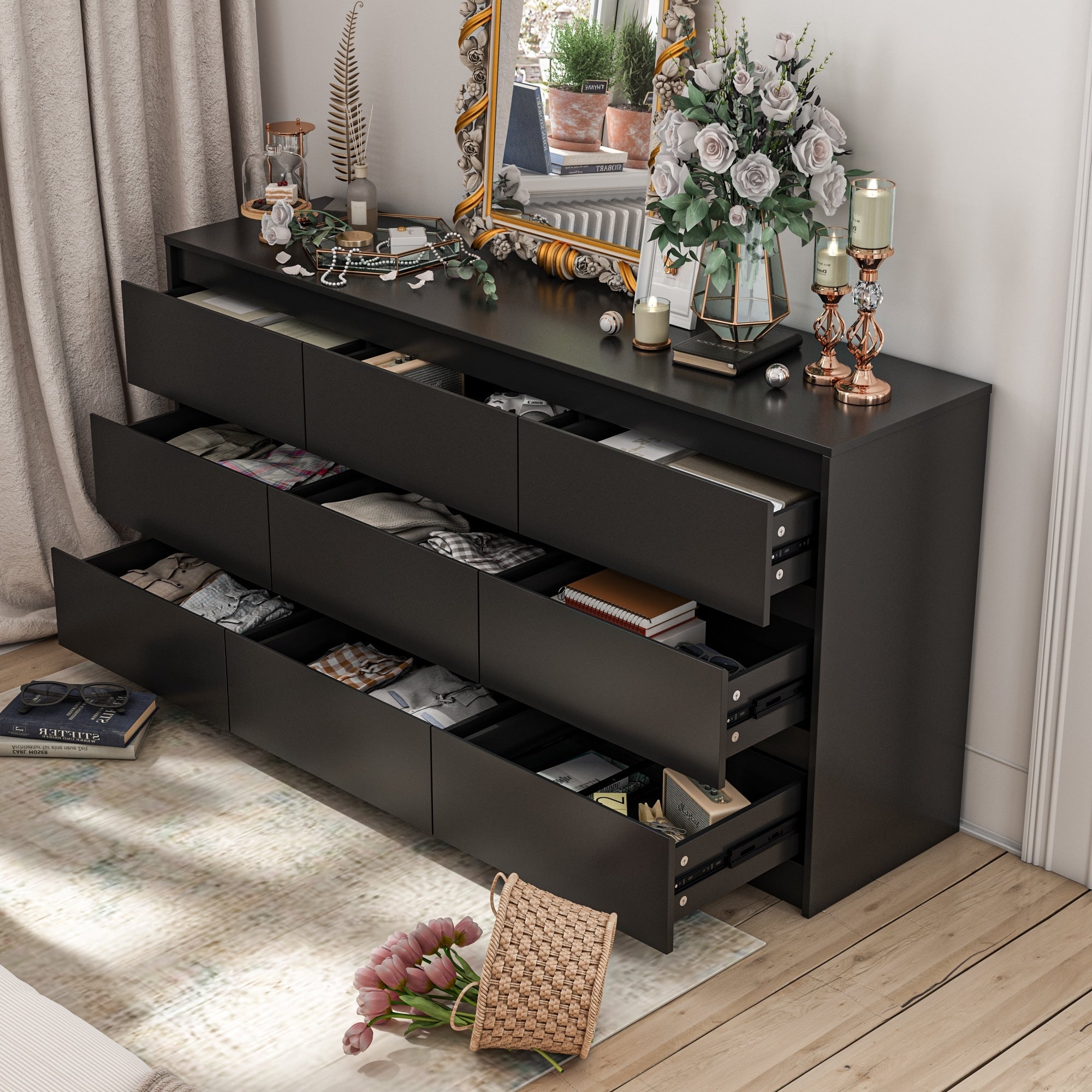 63W 9 Drawer Dresser Accent Dresser for Living Room Bedroom Chest