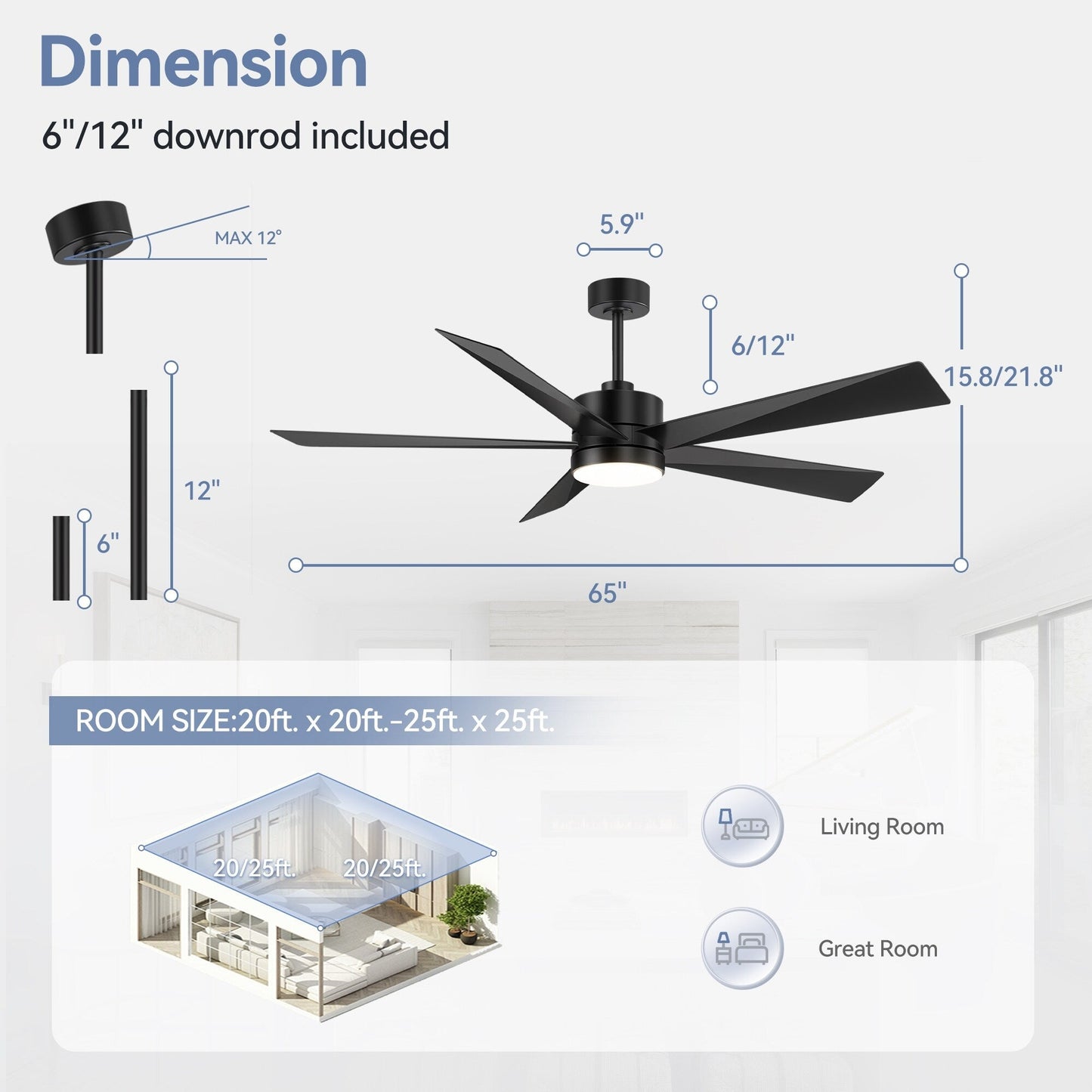 Breezary 65/52/42 5-Blade LED Ceiling Fan with Light Kit and Remote