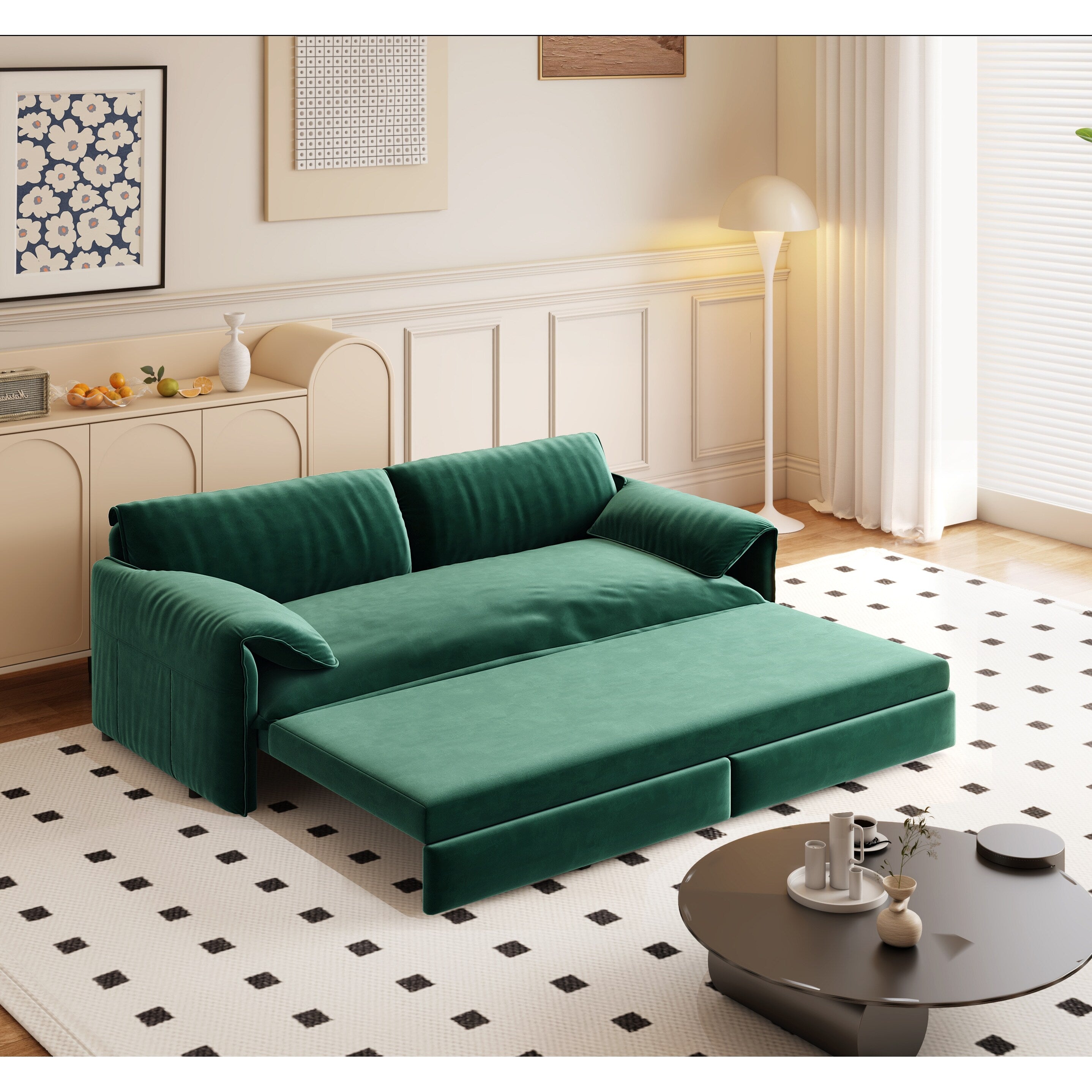 66 Queen Pull Out Sofa Bed, 3-in-1 Convertible Sleeper Sofa with Side Storage,Multi-Functional Velvet Loveseat Bed