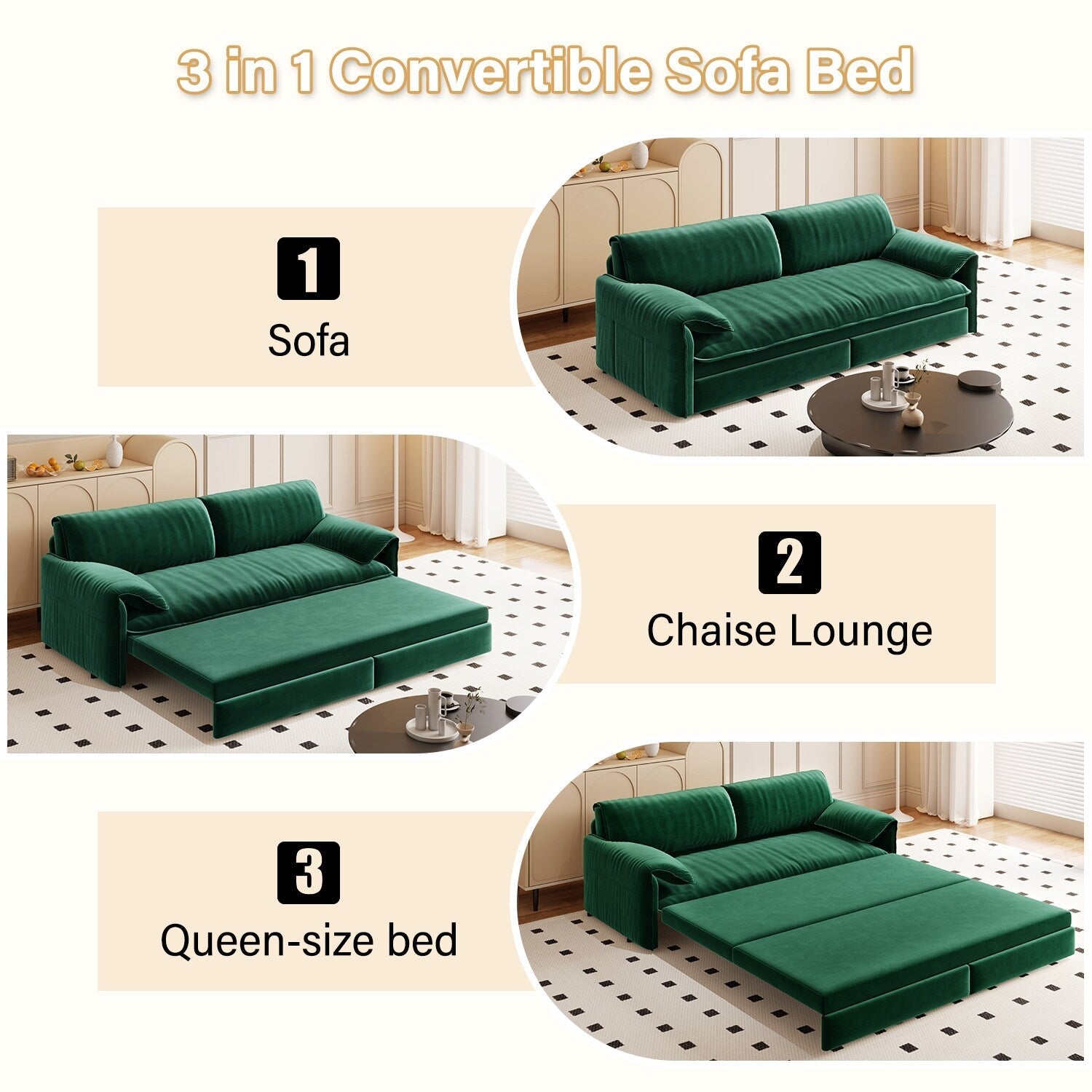 66 Queen Pull Out Sofa Bed, 3-in-1 Convertible Sleeper Sofa with Side Storage,Multi-Functional Velvet Loveseat Bed