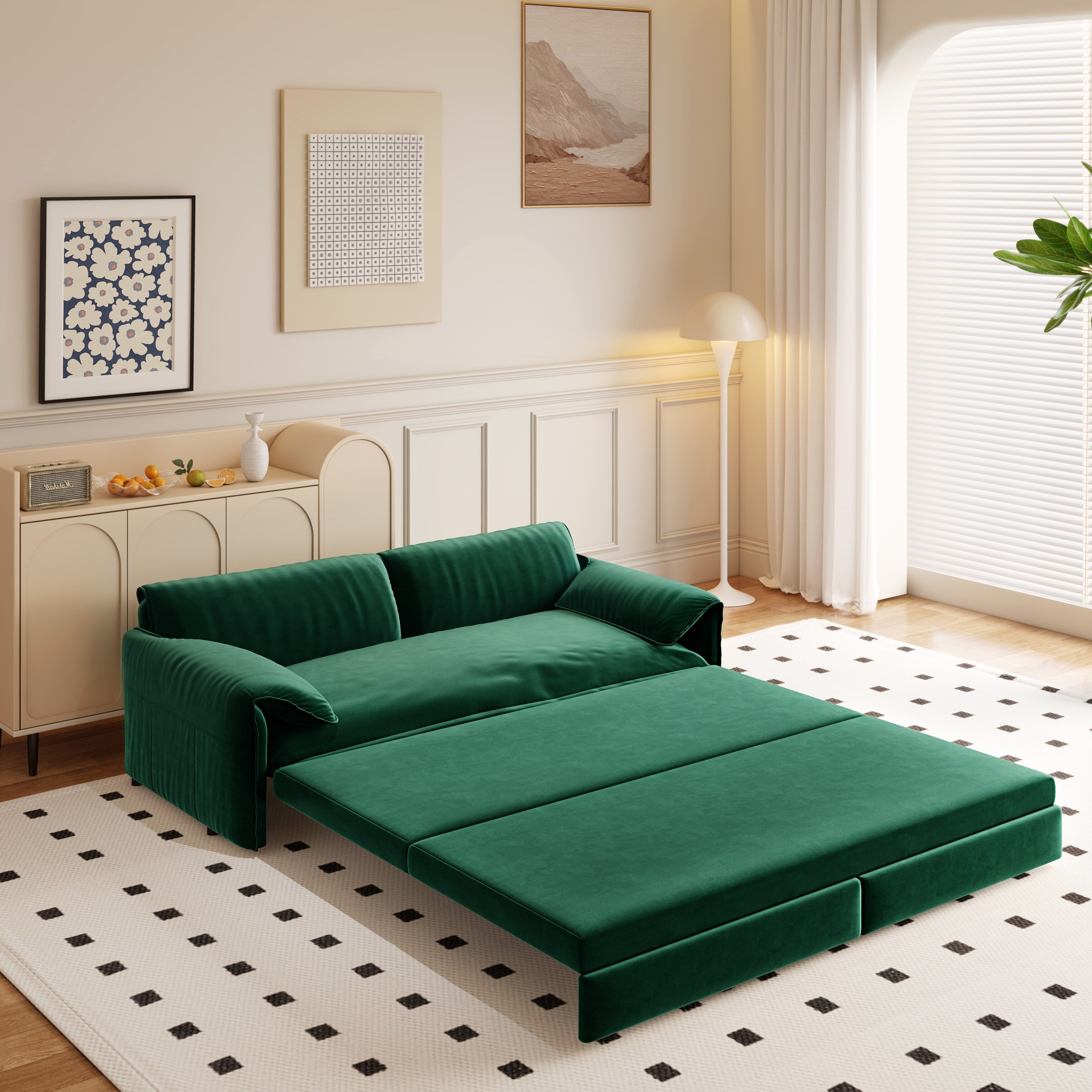 66 Queen Pull Out Sofa Bed, 3-in-1 Convertible Sleeper Sofa with Side Storage,Multi-Functional Velvet Loveseat Bed
