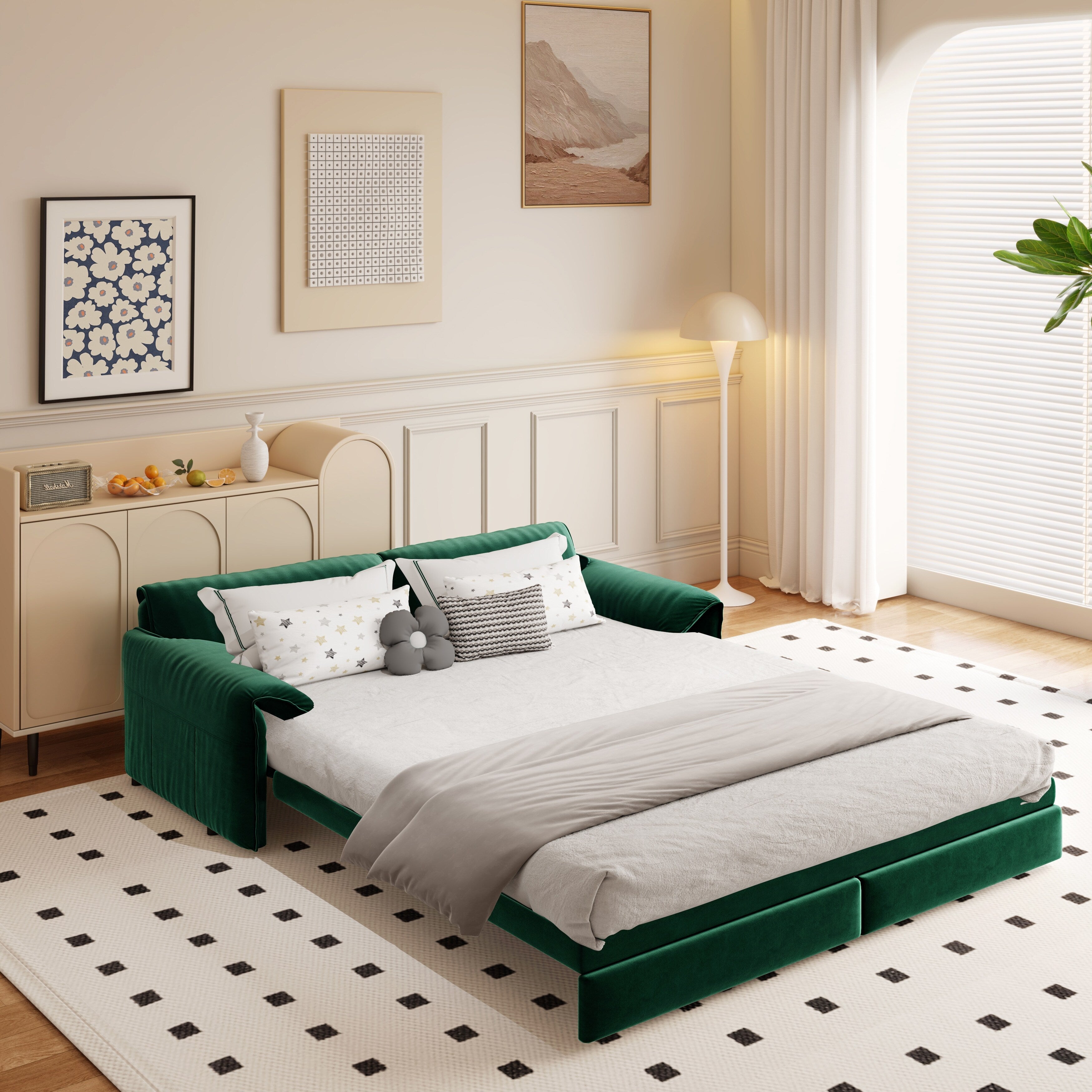 66 Queen Pull Out Sofa Bed, 3-in-1 Convertible Sleeper Sofa with Side Storage,Multi-Functional Velvet Loveseat Bed