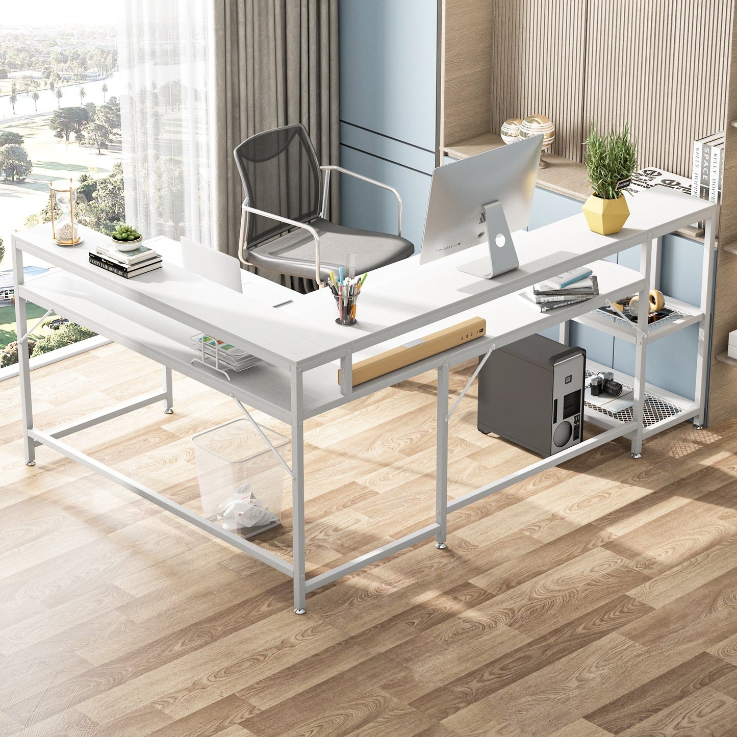 L Shaped Desk with Monitor Shelf, Reversible Corner Computer Desk for Office Home 69