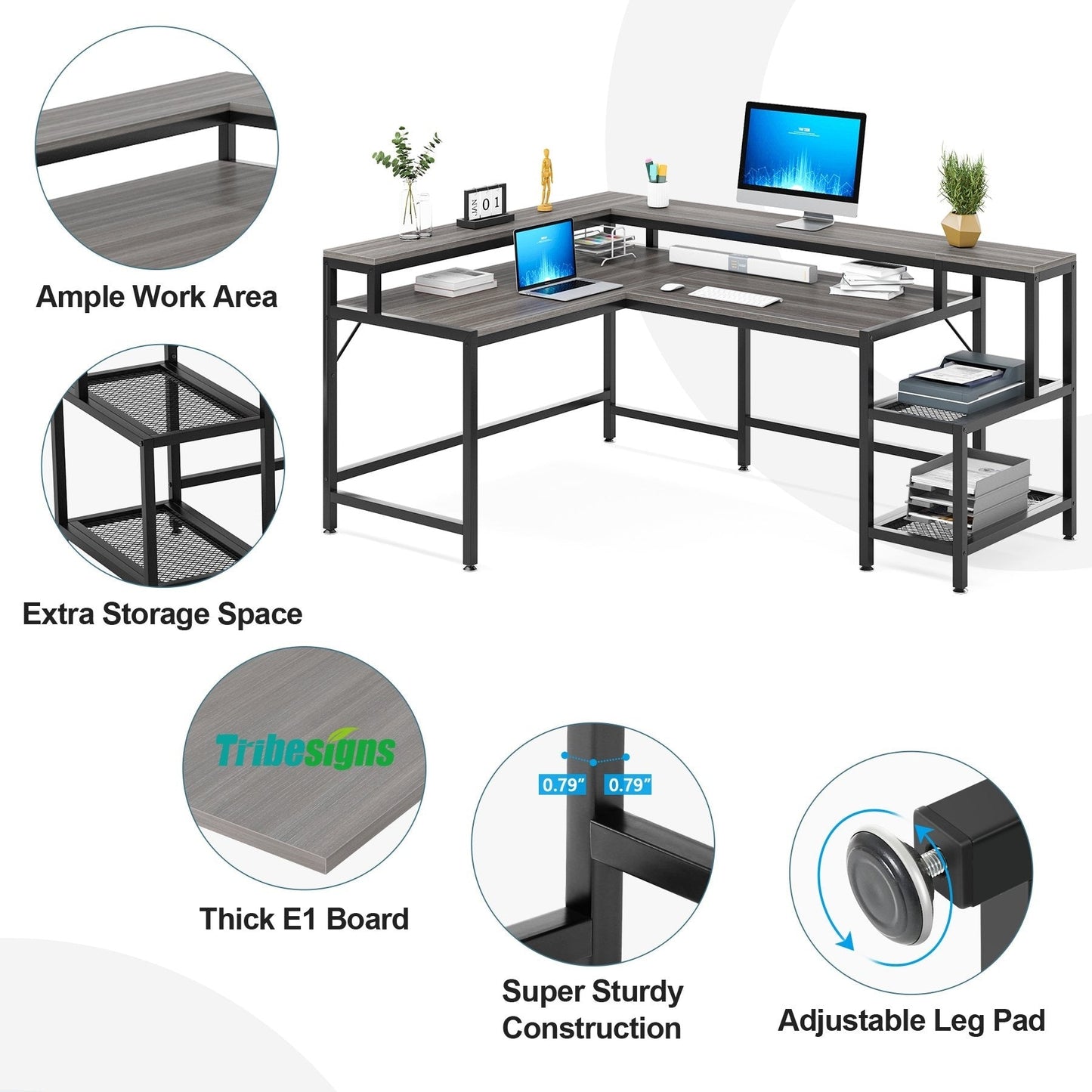 L Shaped Desk with Monitor Shelf, Reversible Corner Computer Desk for Office Home 69