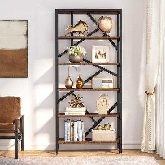 71 Industrial Bookshelf, 6 Tier Rustic Brown Wood Etagere Bookcase, Open Book Shelves