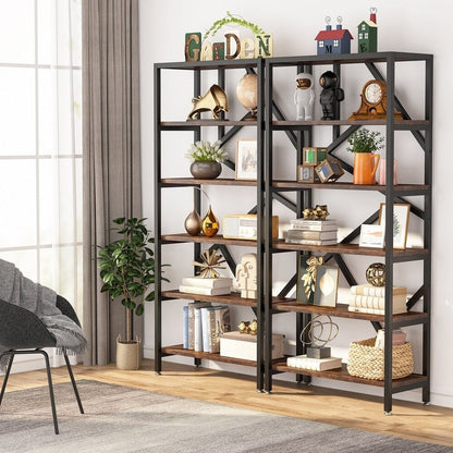 71 Industrial Bookshelf, 6 Tier Rustic Brown Wood Etagere Bookcase, Open Book Shelves