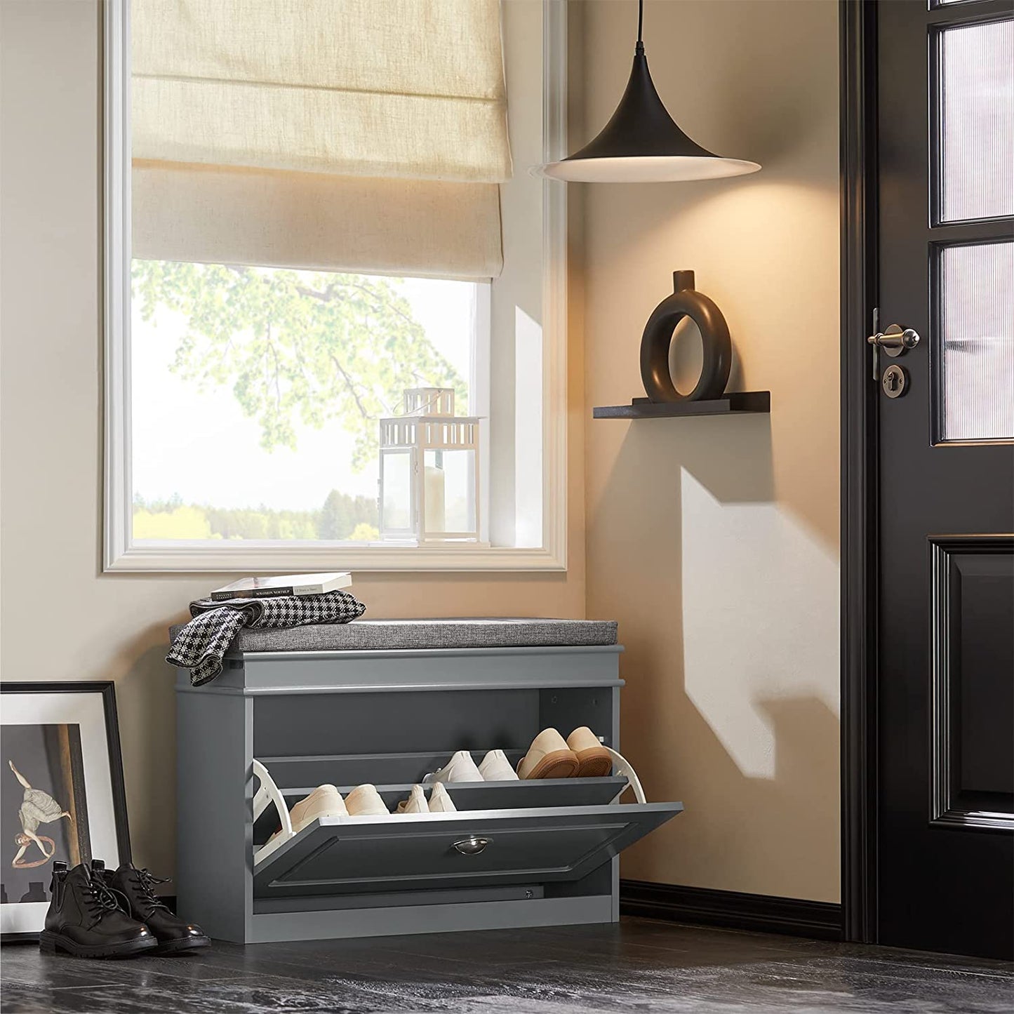 Meuble à chaussures SoBuy avec banc d'entrée, étagère à chaussures avec tiroir rabattable et coussin d'assise, gris FSR82-L-HG