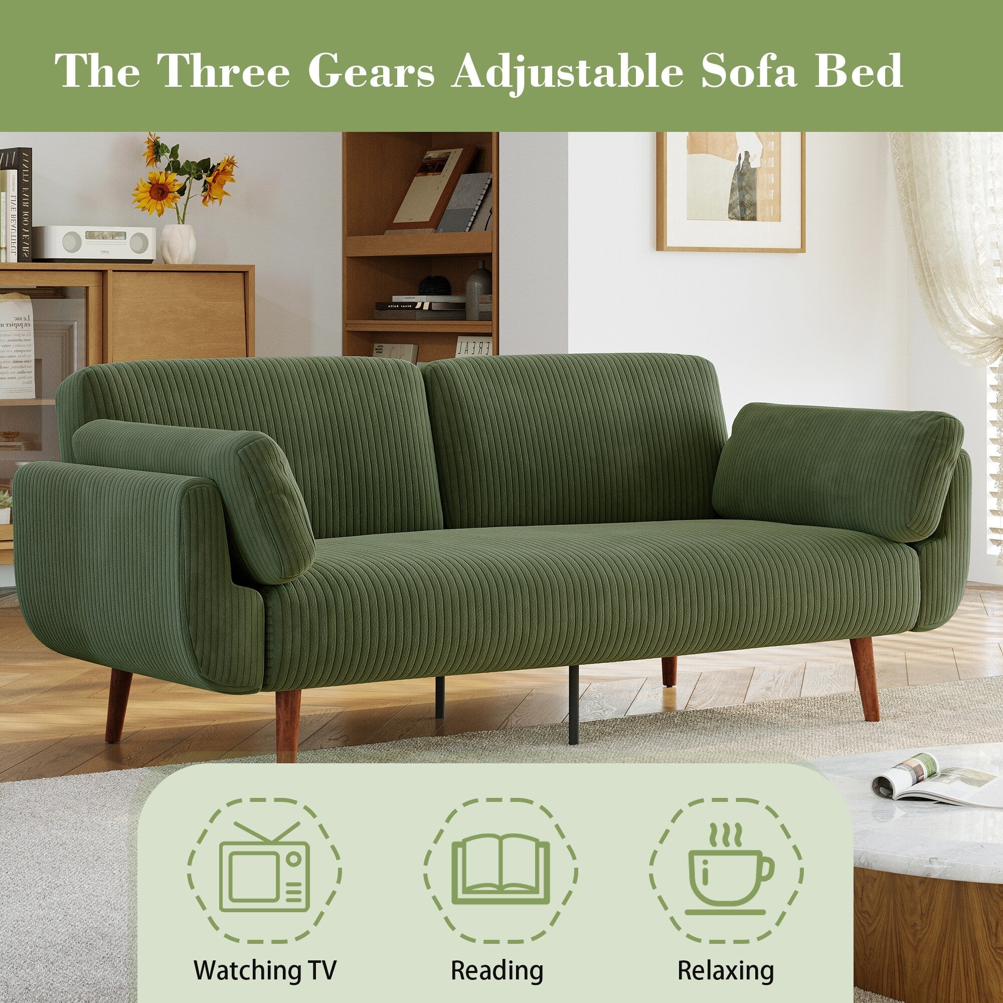 73 W Upholstered Corduroy Convertible Sleeper Sofa Bed with Pillows
