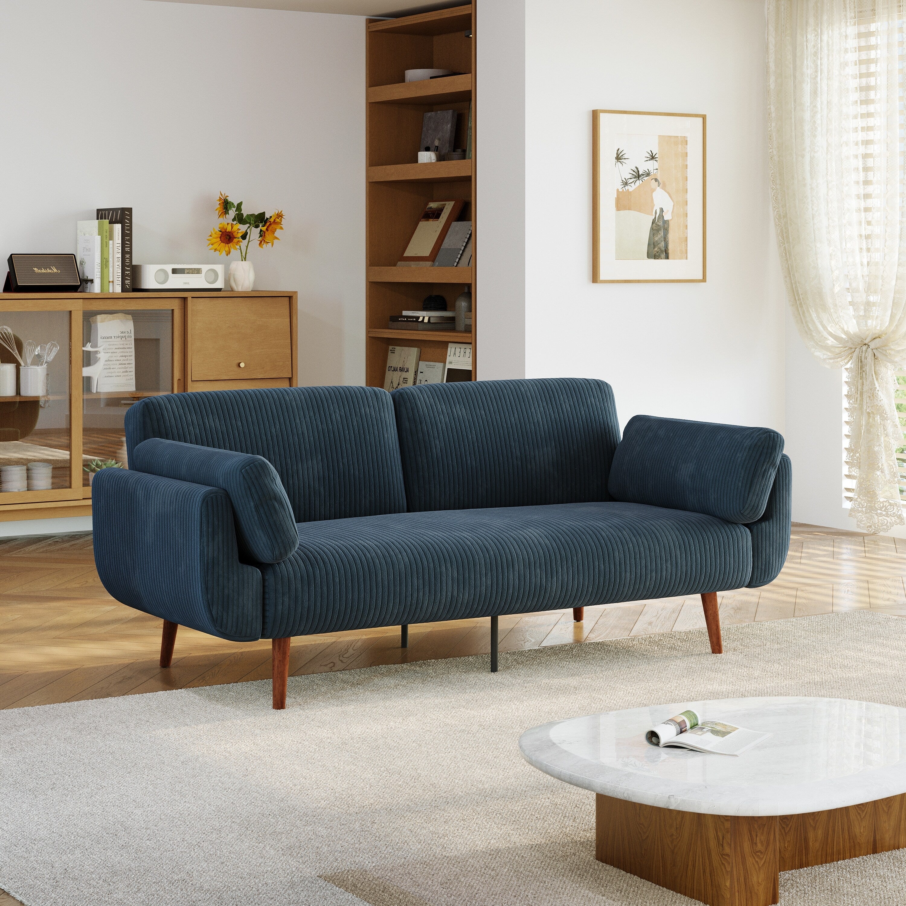 73 W Upholstered Corduroy Convertible Sleeper Sofa Bed with Pillows