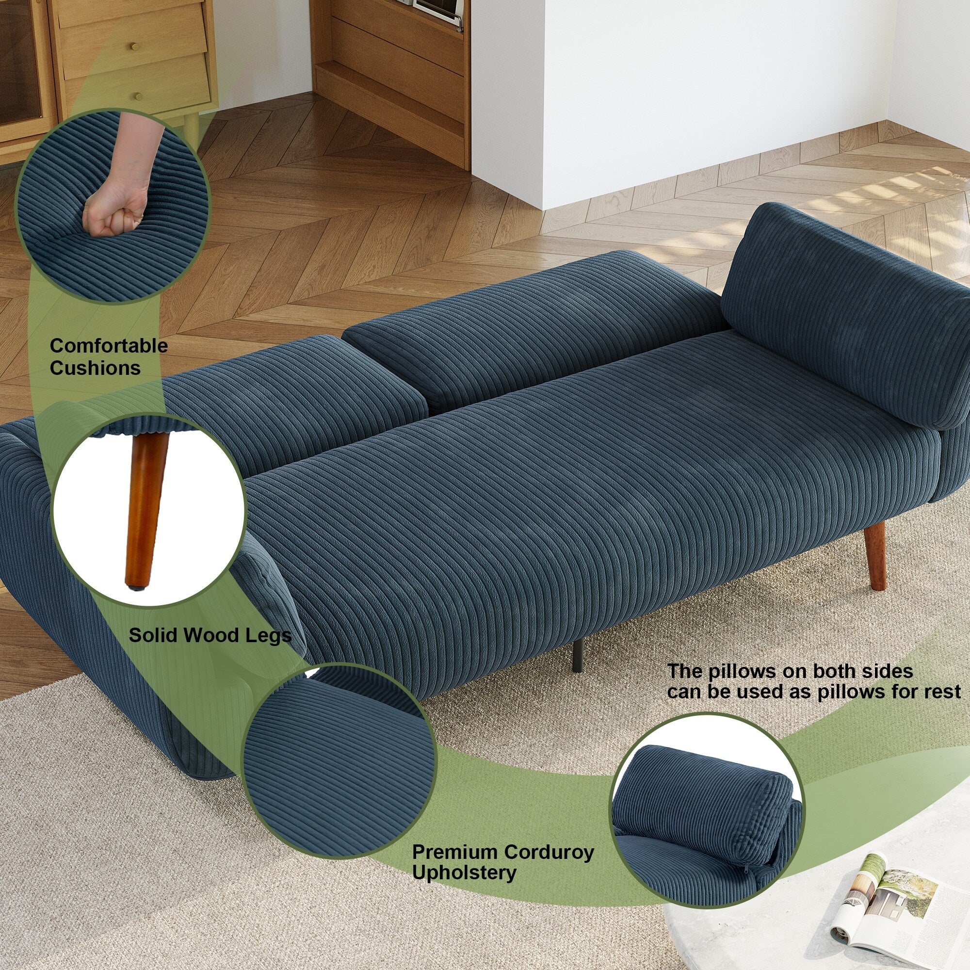 73 W Upholstered Corduroy Convertible Sleeper Sofa Bed with Pillows
