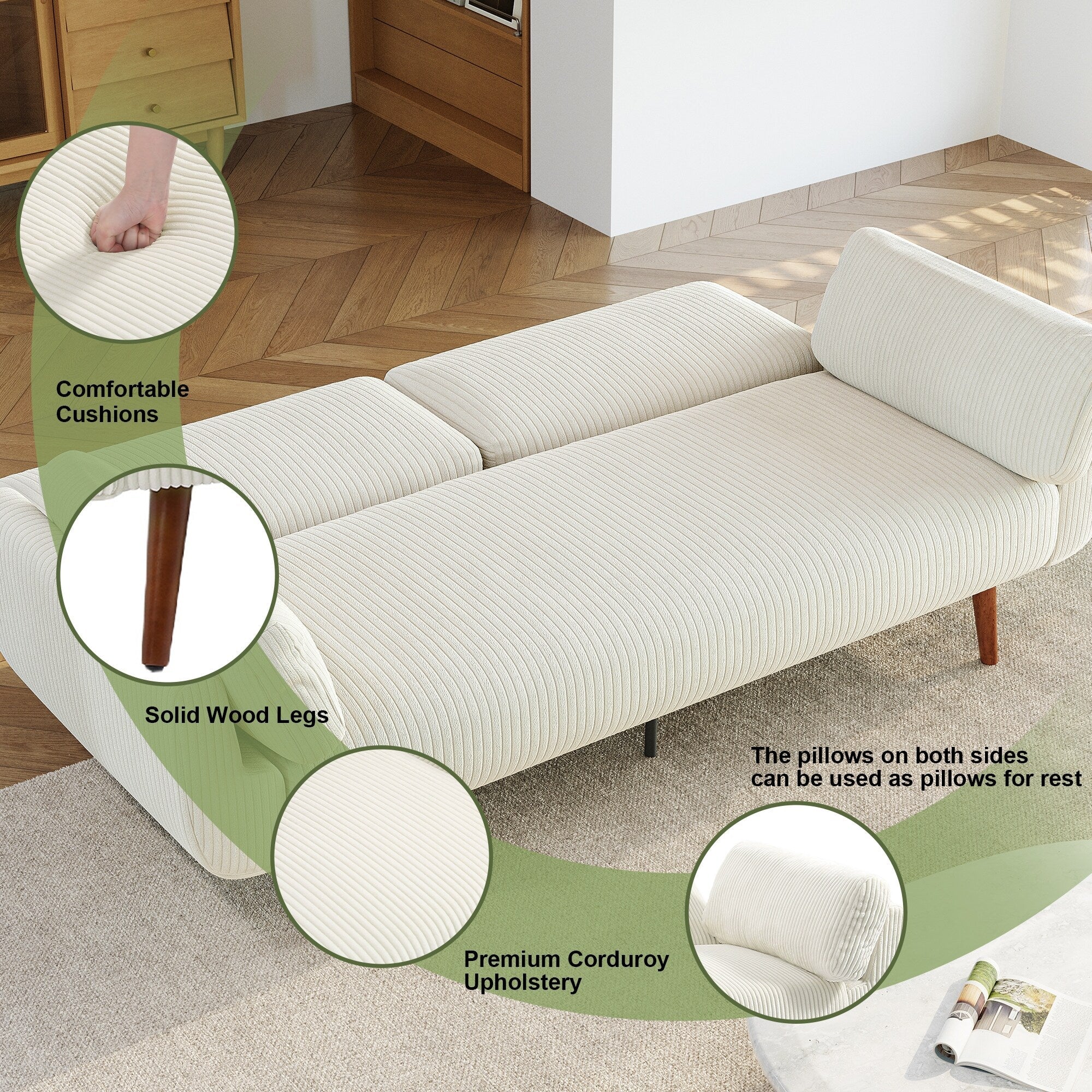 73 W Upholstered Corduroy Convertible Sleeper Sofa Bed with Pillows