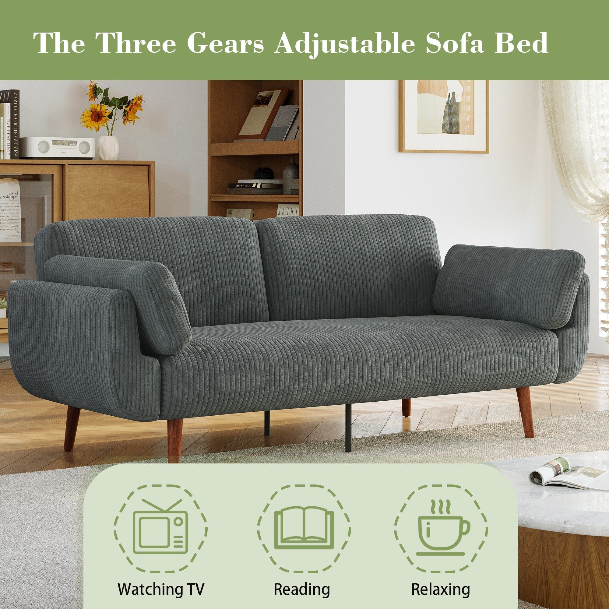 73 W Upholstered Corduroy Convertible Sleeper Sofa Bed with Pillows
