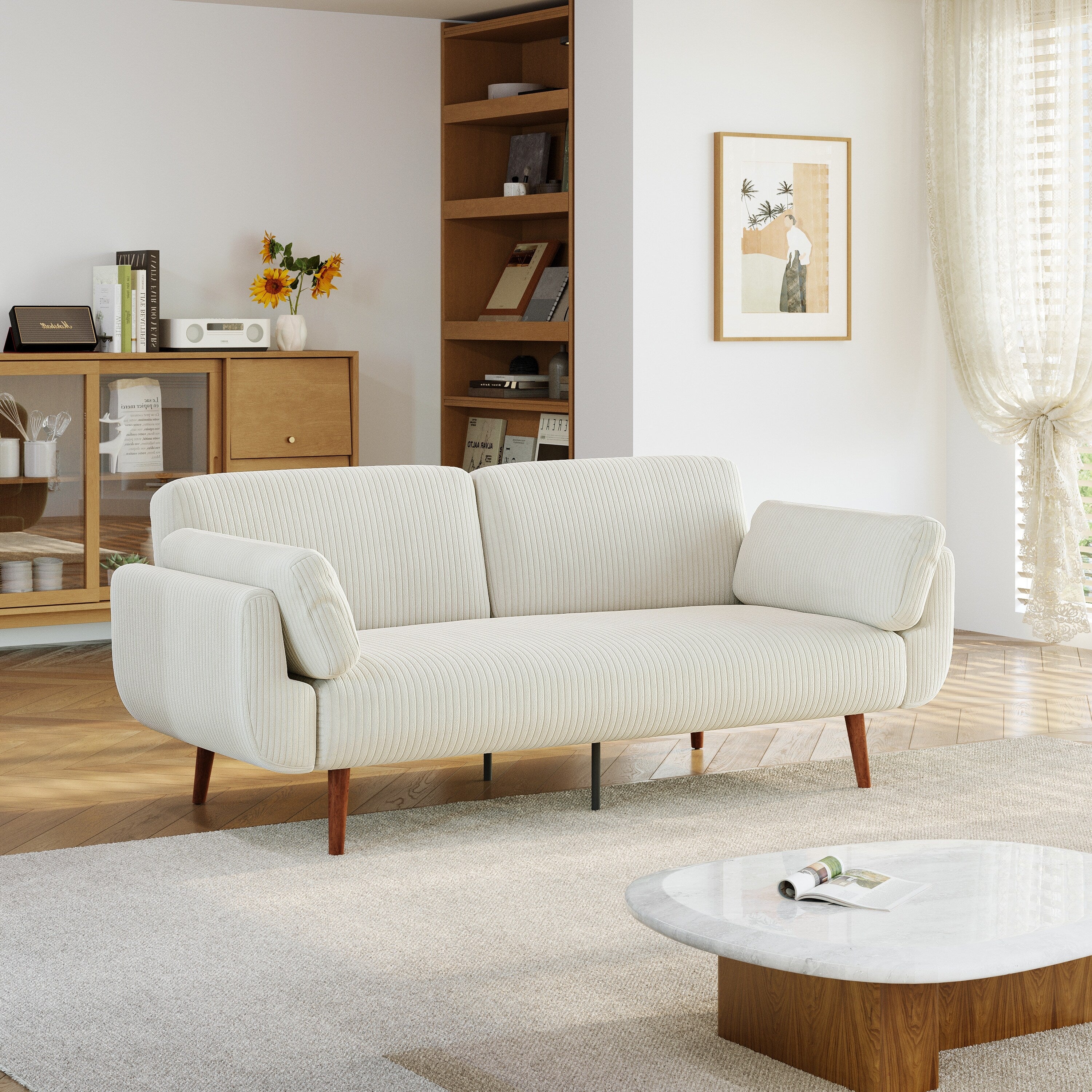 73 W Upholstered Corduroy Convertible Sleeper Sofa Bed with Pillows