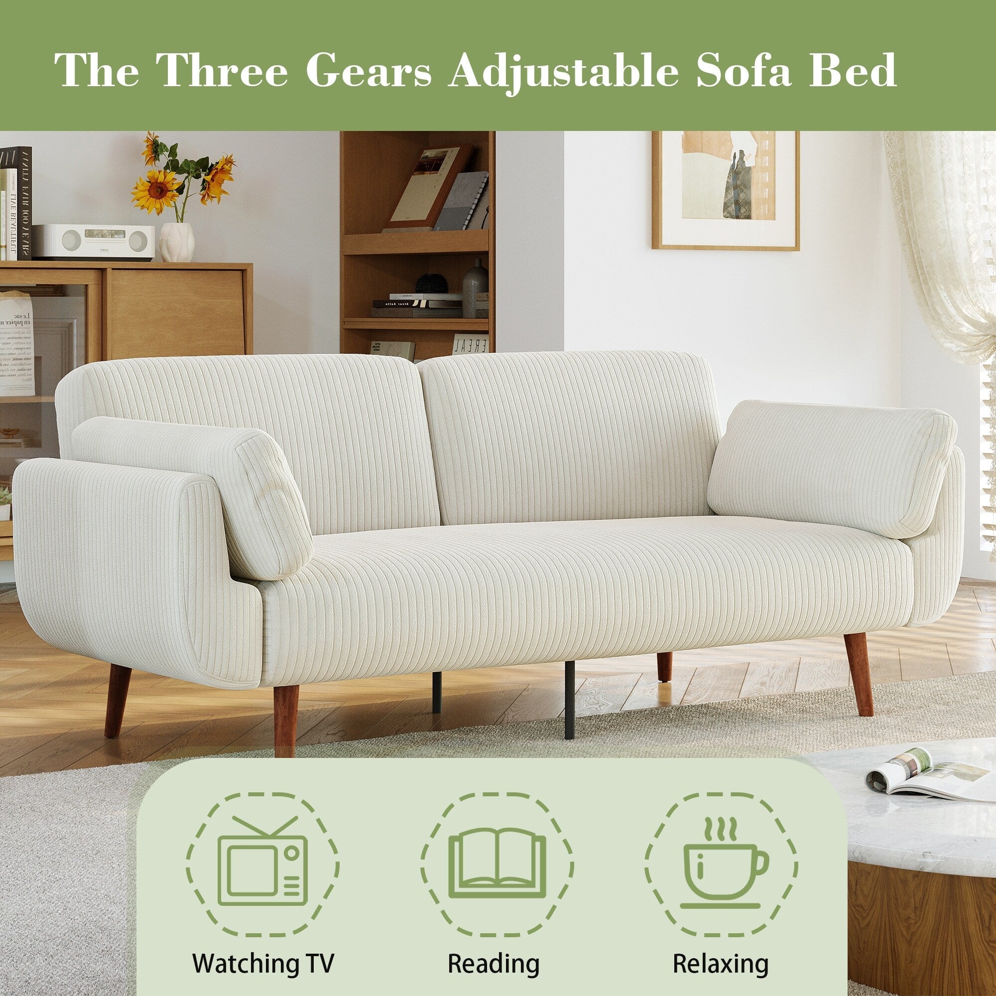 73 W Upholstered Corduroy Convertible Sleeper Sofa Bed with Pillows