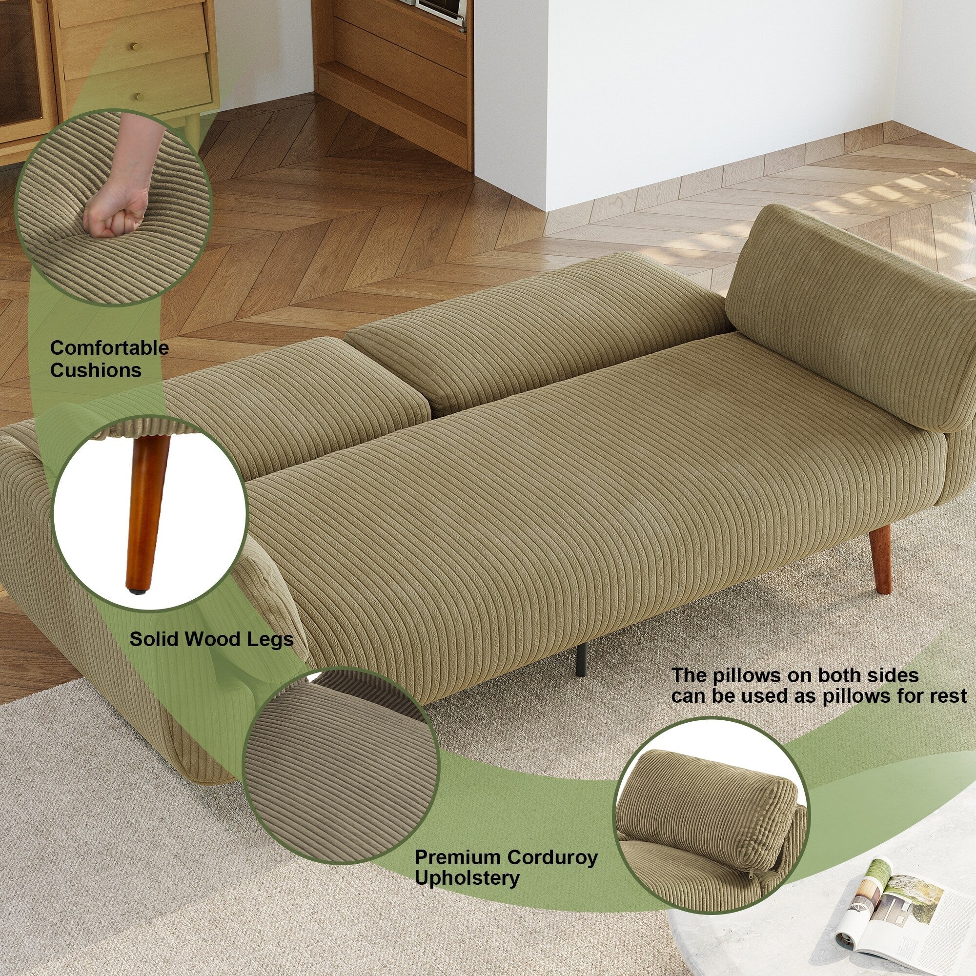 73 W Upholstered Corduroy Convertible Sleeper Sofa Bed with Pillows