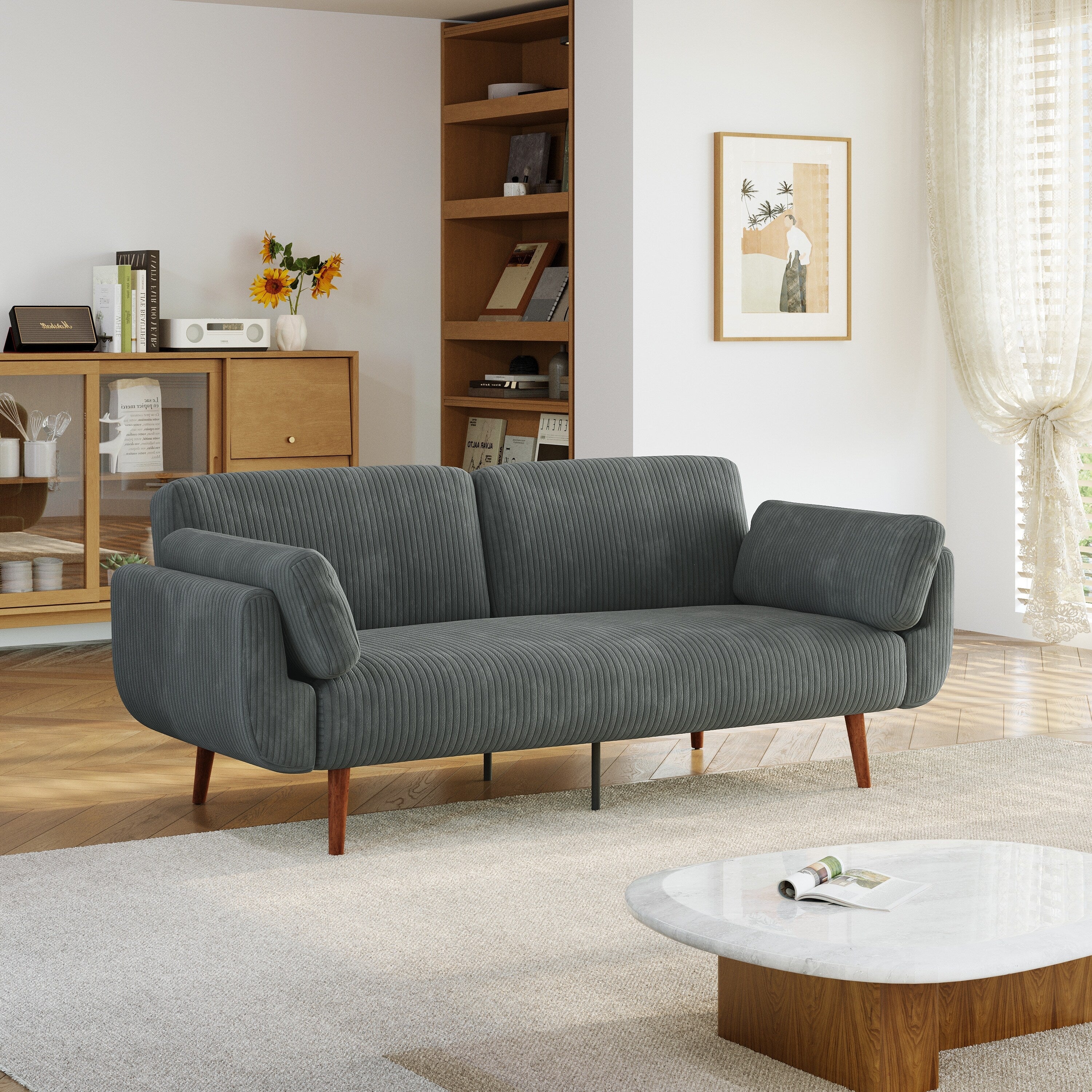 73 W Upholstered Corduroy Convertible Sleeper Sofa Bed with Pillows
