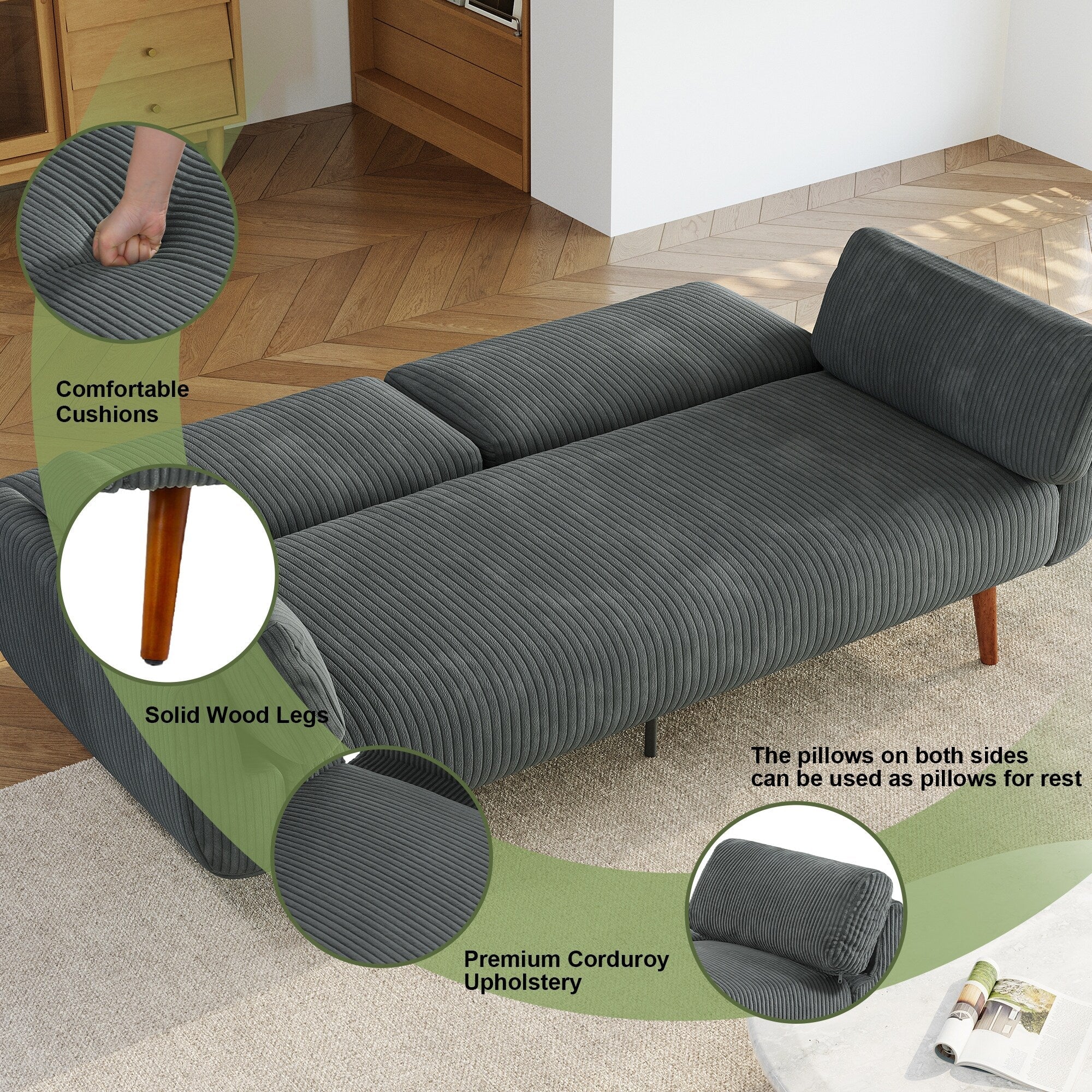 73 W Upholstered Corduroy Convertible Sleeper Sofa Bed with Pillows