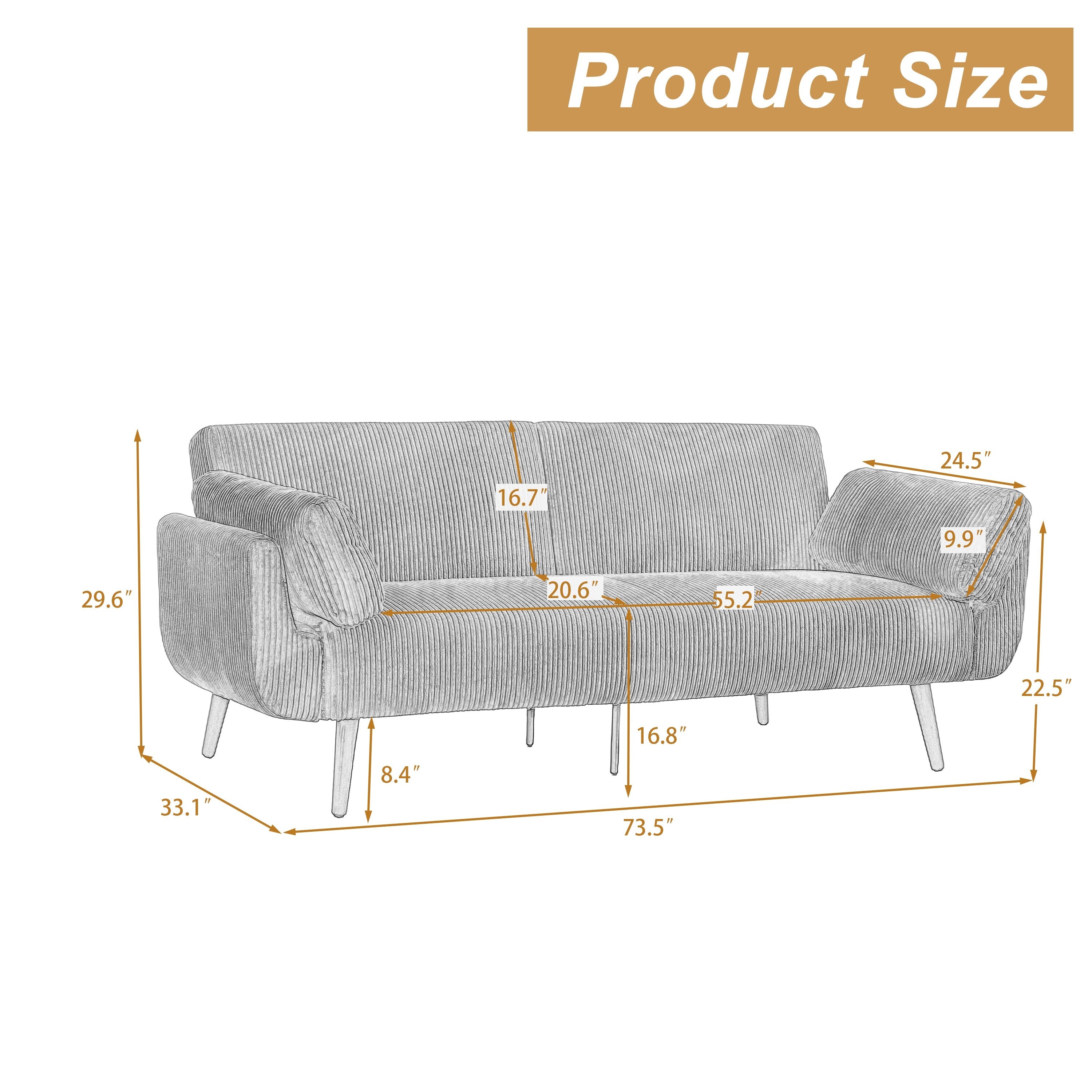 73 W Upholstered Corduroy Convertible Sleeper Sofa Bed with Pillows