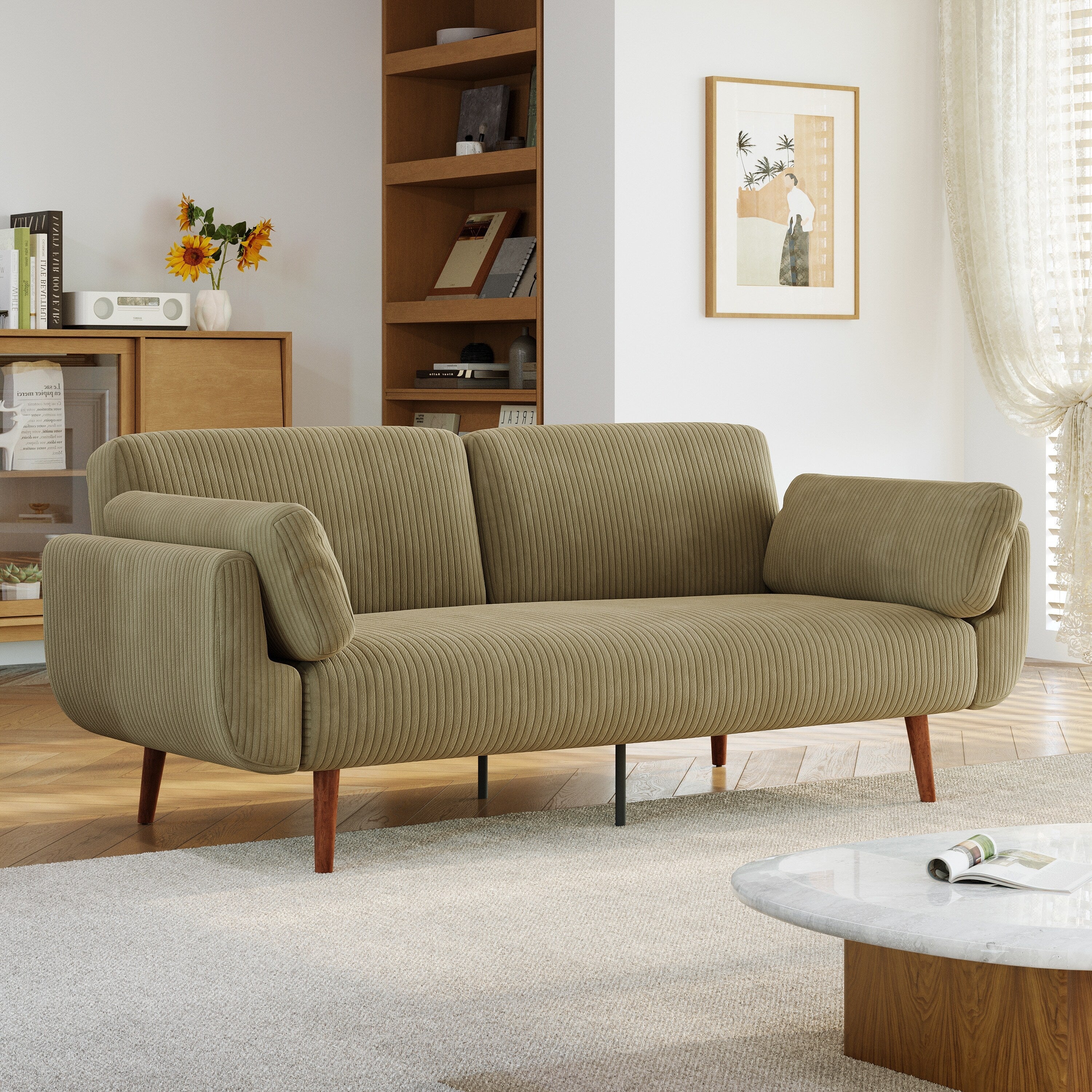 73 W Upholstered Corduroy Convertible Sleeper Sofa Bed with Pillows