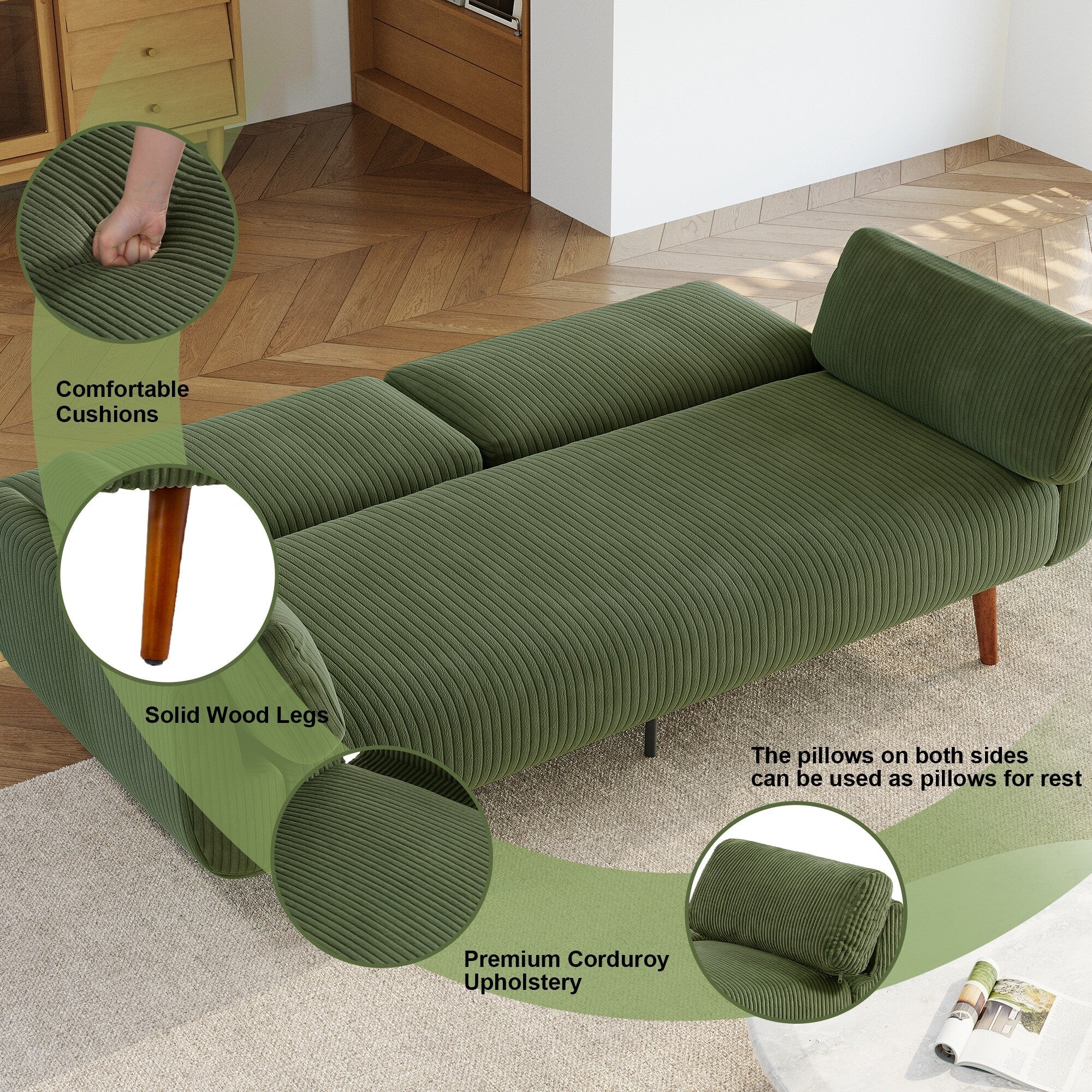 73 W Upholstered Corduroy Convertible Sleeper Sofa Bed with Pillows