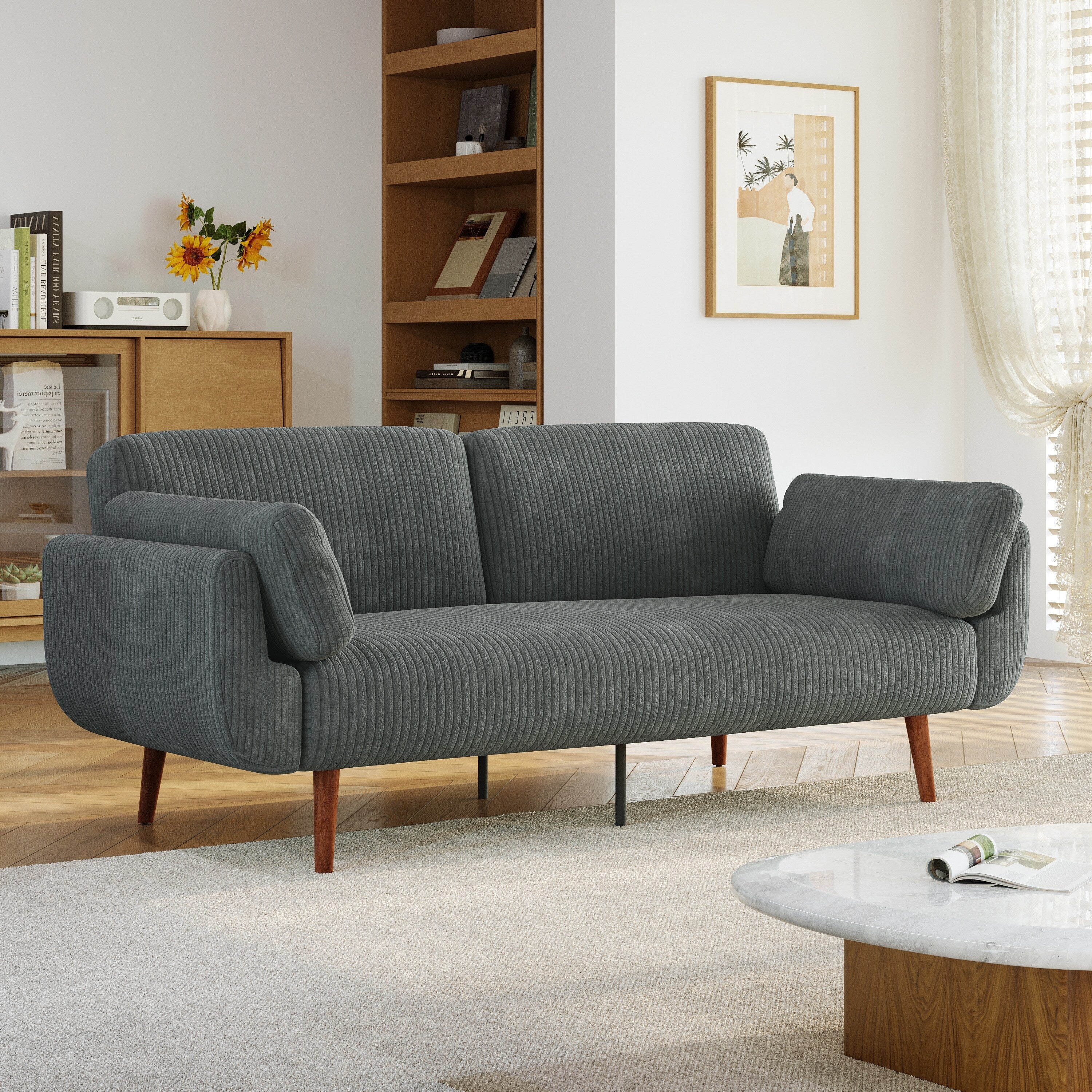 73 W Upholstered Corduroy Convertible Sleeper Sofa Bed with Pillows