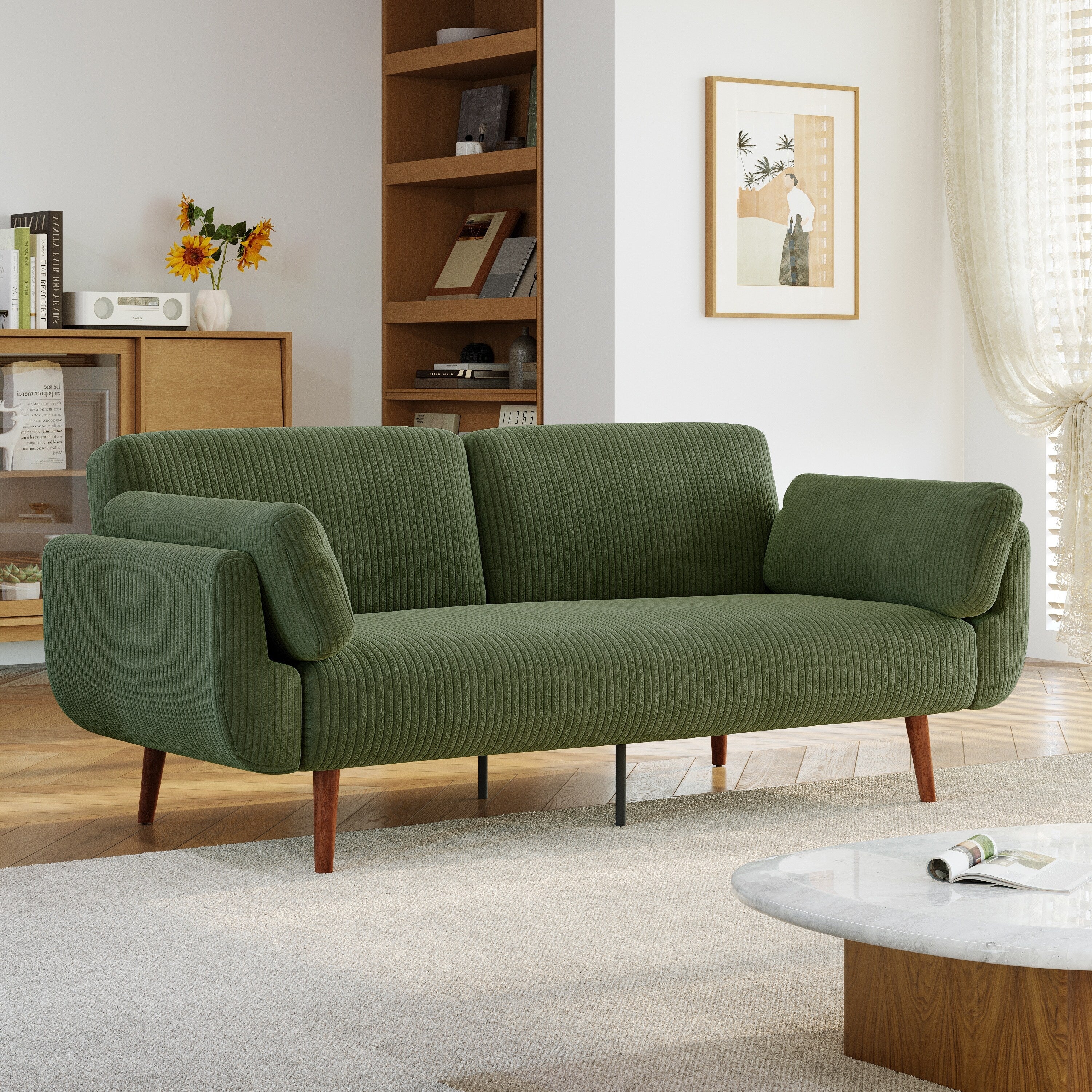 73 W Upholstered Corduroy Convertible Sleeper Sofa Bed with Pillows