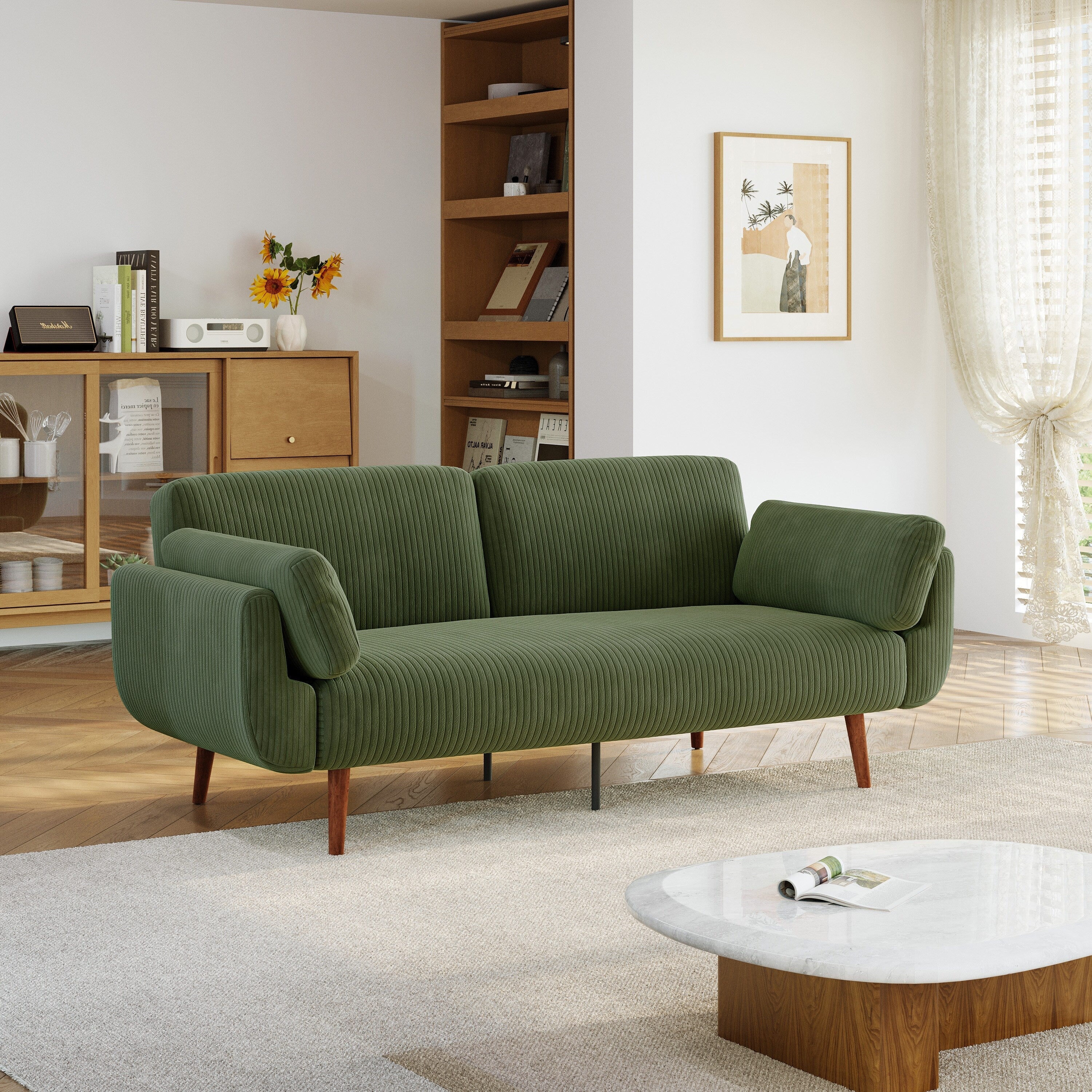 73 W Upholstered Corduroy Convertible Sleeper Sofa Bed with Pillows