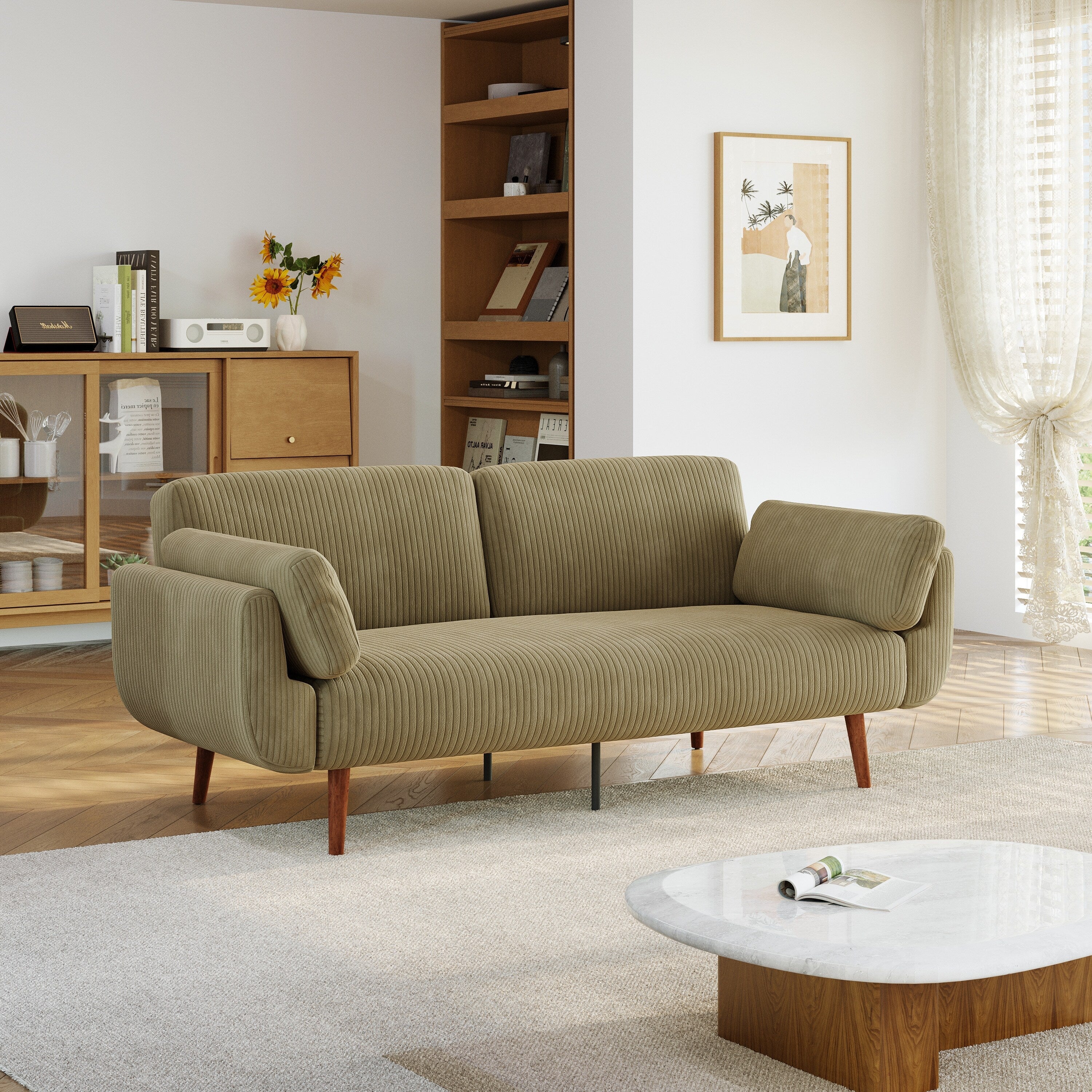 73 W Upholstered Corduroy Convertible Sleeper Sofa Bed with Pillows