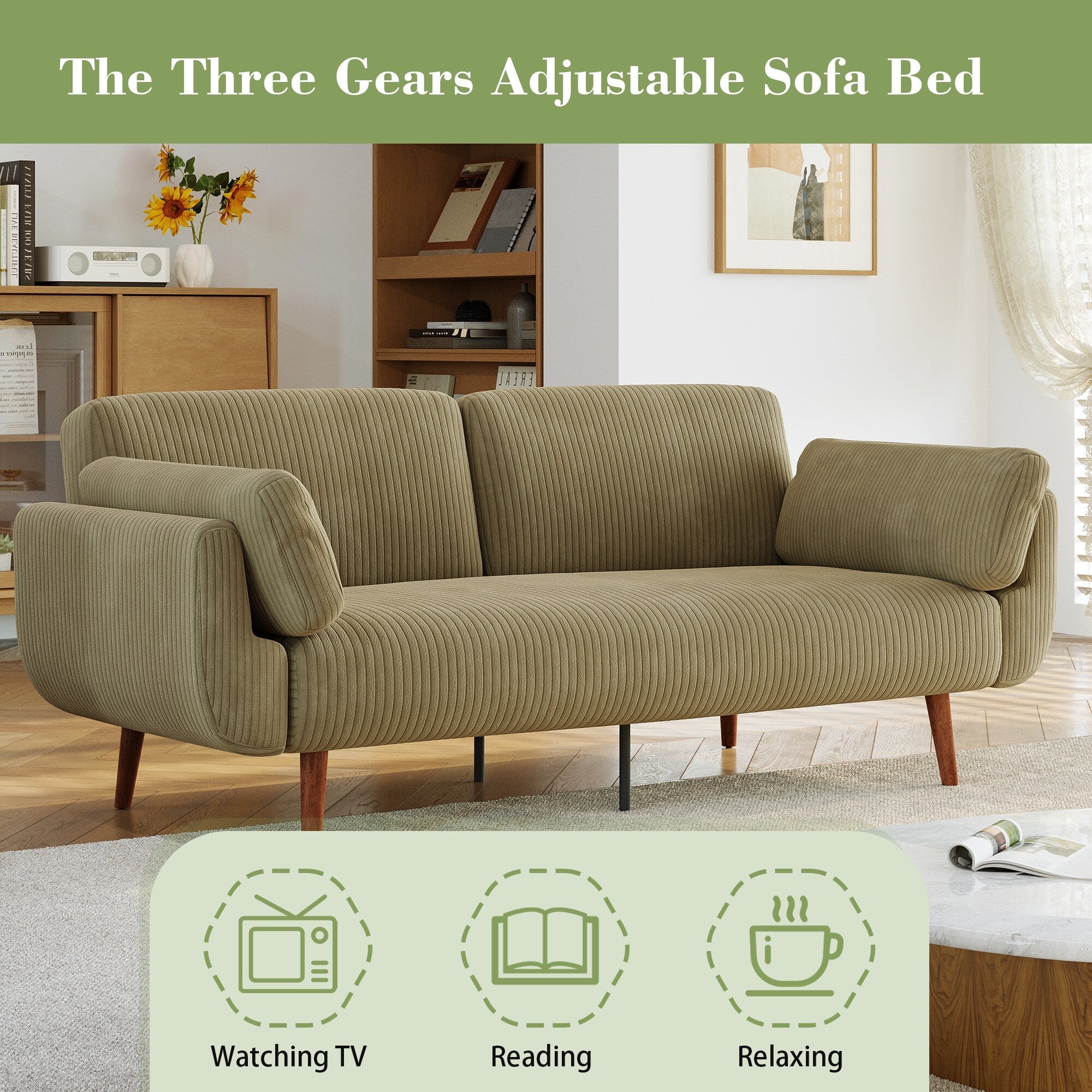 73 W Upholstered Corduroy Convertible Sleeper Sofa Bed with Pillows