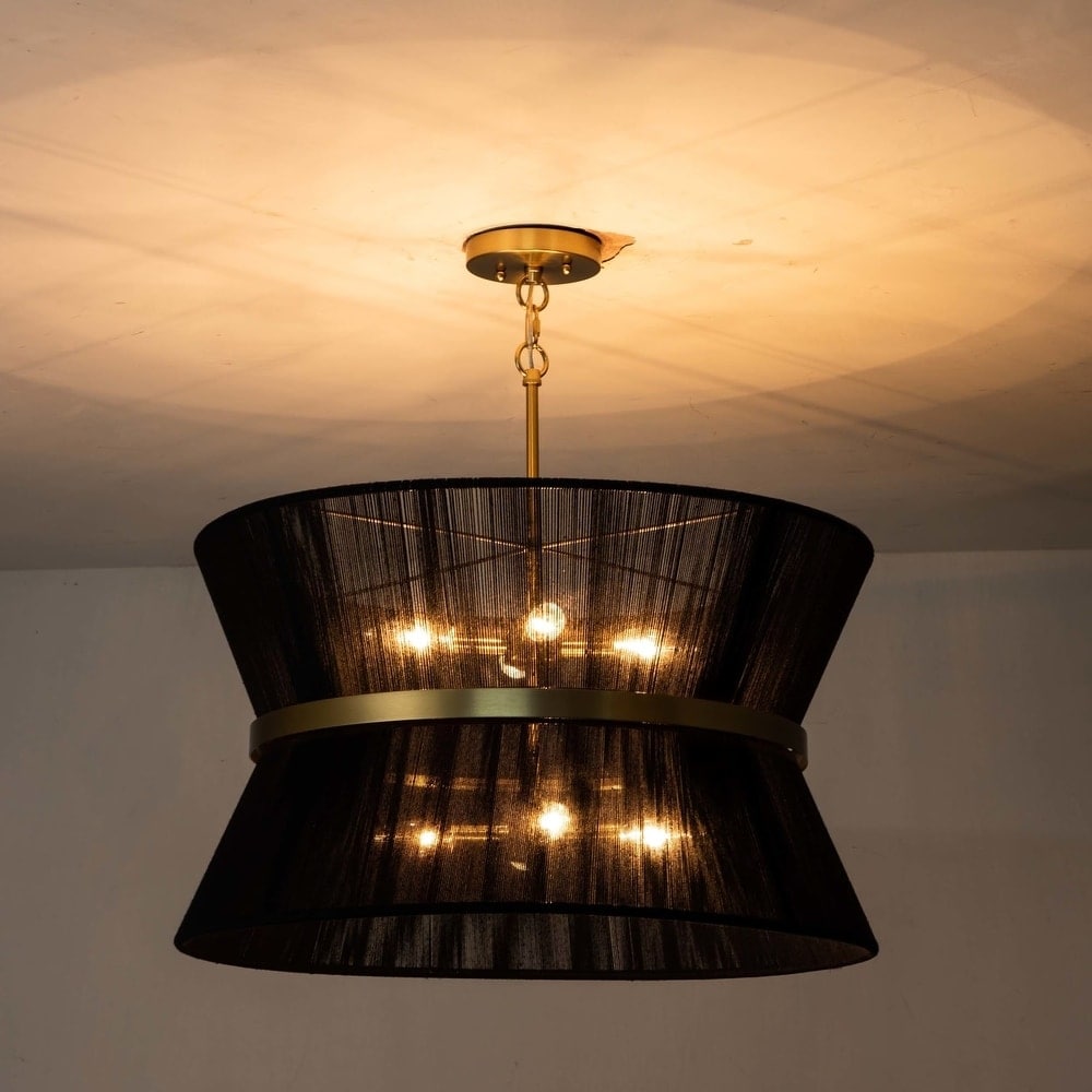 8-Light Modern Boho Large Drum Chandelier 24 inch Fabric Hourglass Hand-woven Chandelier in Gold/ Black for Dining/ Living Room