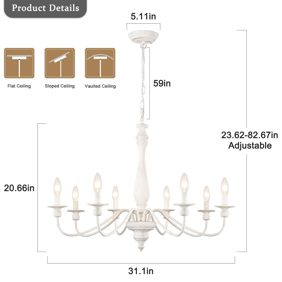 Modern Farmhouse Chandelier, 8-Light Candle Chandelier for Living Room Kitchen Island Dining Foyer - W31.1x H20.66