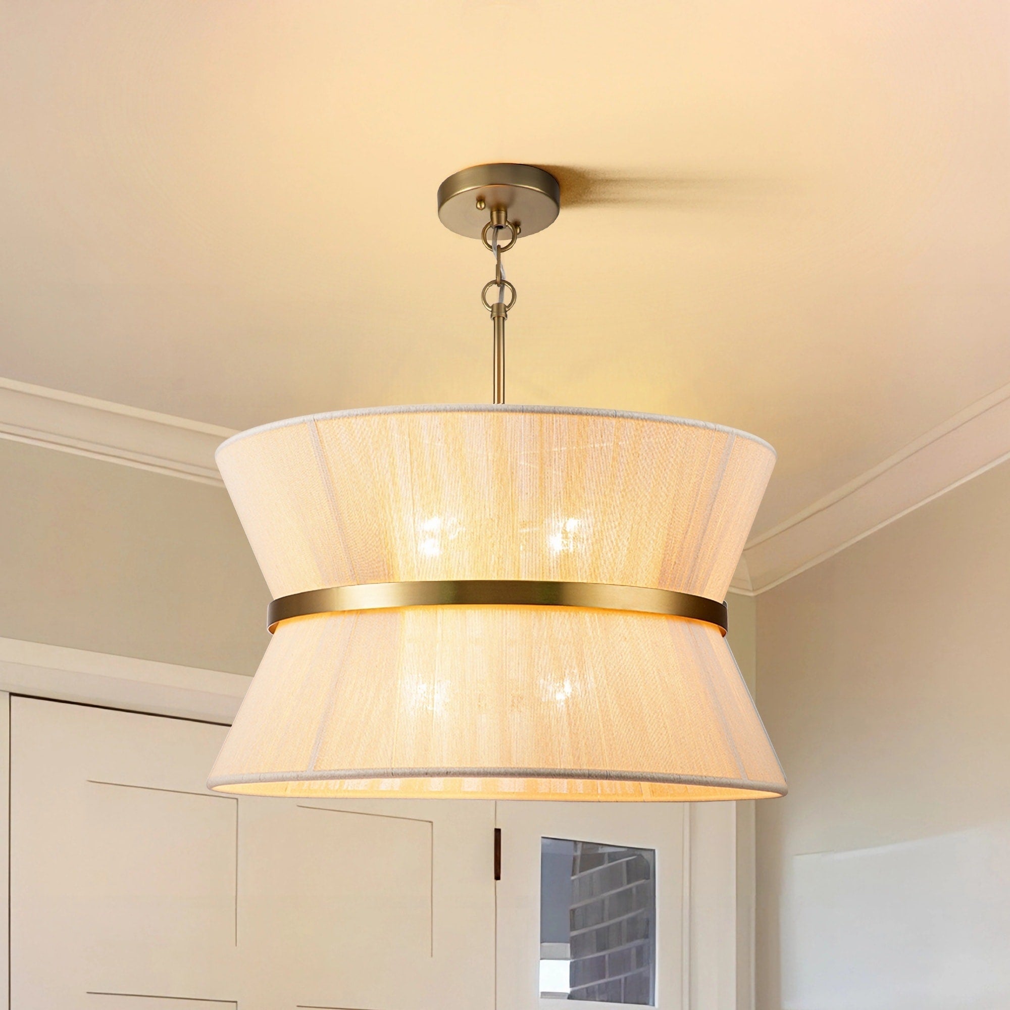 8-Light Modern Boho Large Drum Chandelier 24 inch Fabric Hourglass Hand-woven Chandelier in Gold/ Black for Dining/ Living Room