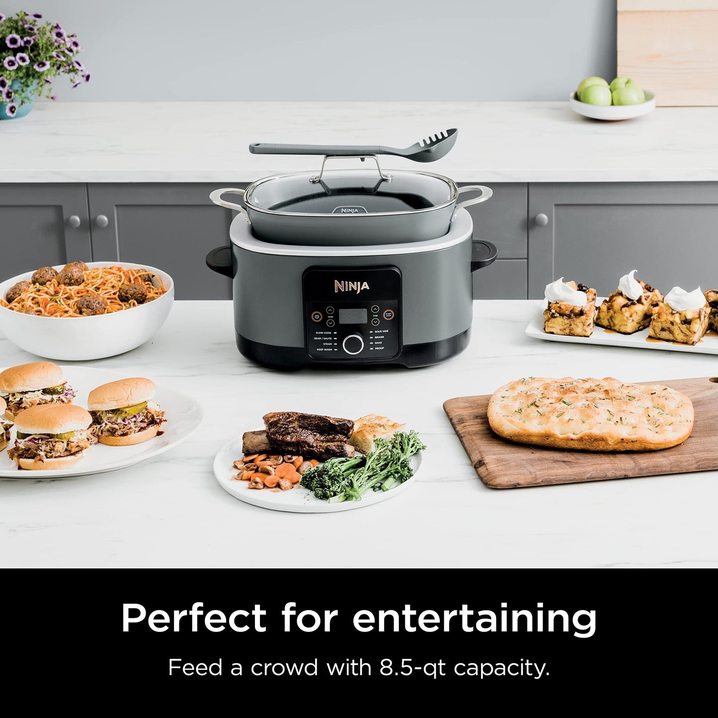 8.5 Quart Multi-Cooker, with 8-in-1 Slow Cooker, Dutch Oven, Steamer, Glass Lid, Integrated Spoon, Oven Safe Pot to 500°F