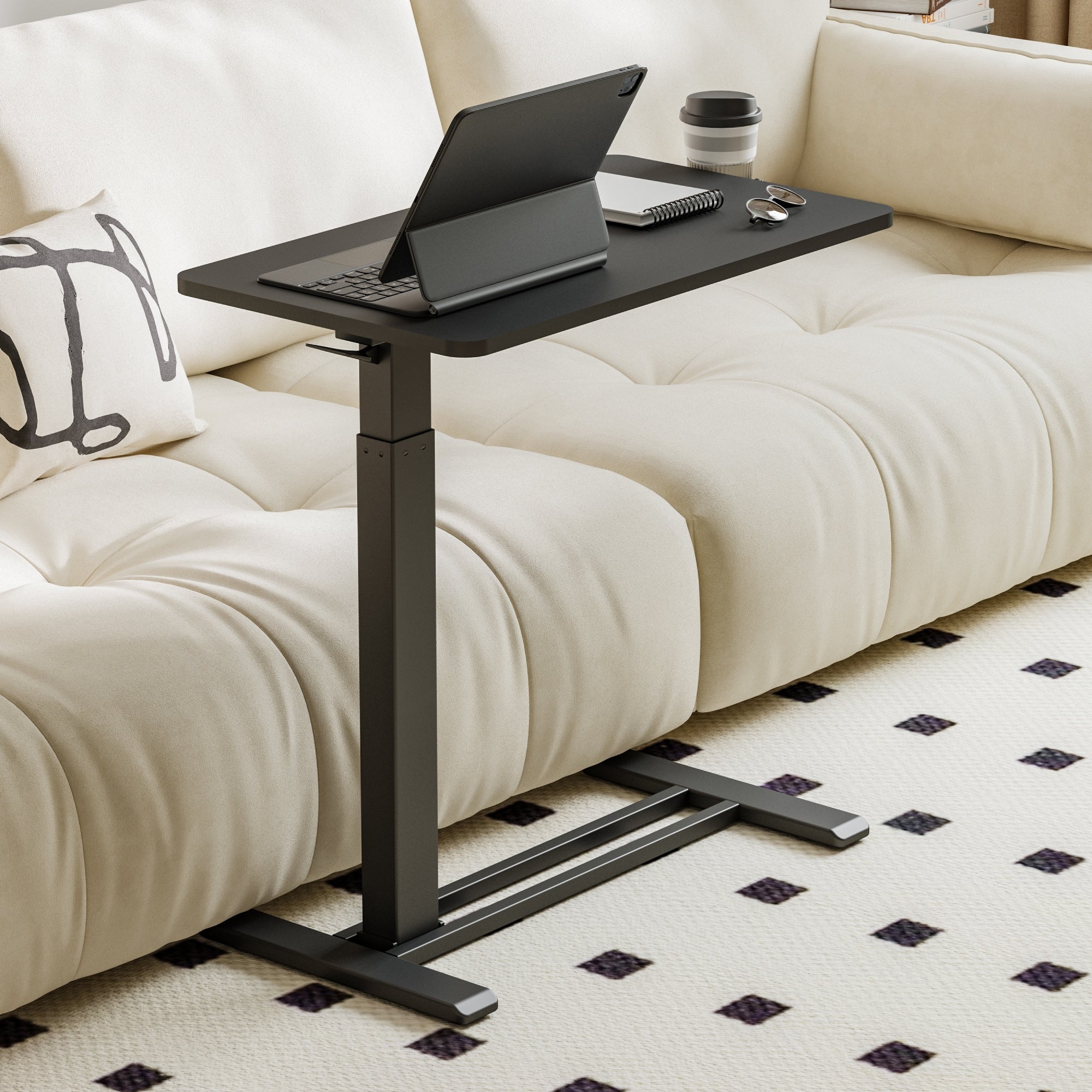FunniHomi 28/32 Movable Overbed Table Height Adjustable Computer Desk with Wheels, White/Black Laptop Table for Bed and Sofa