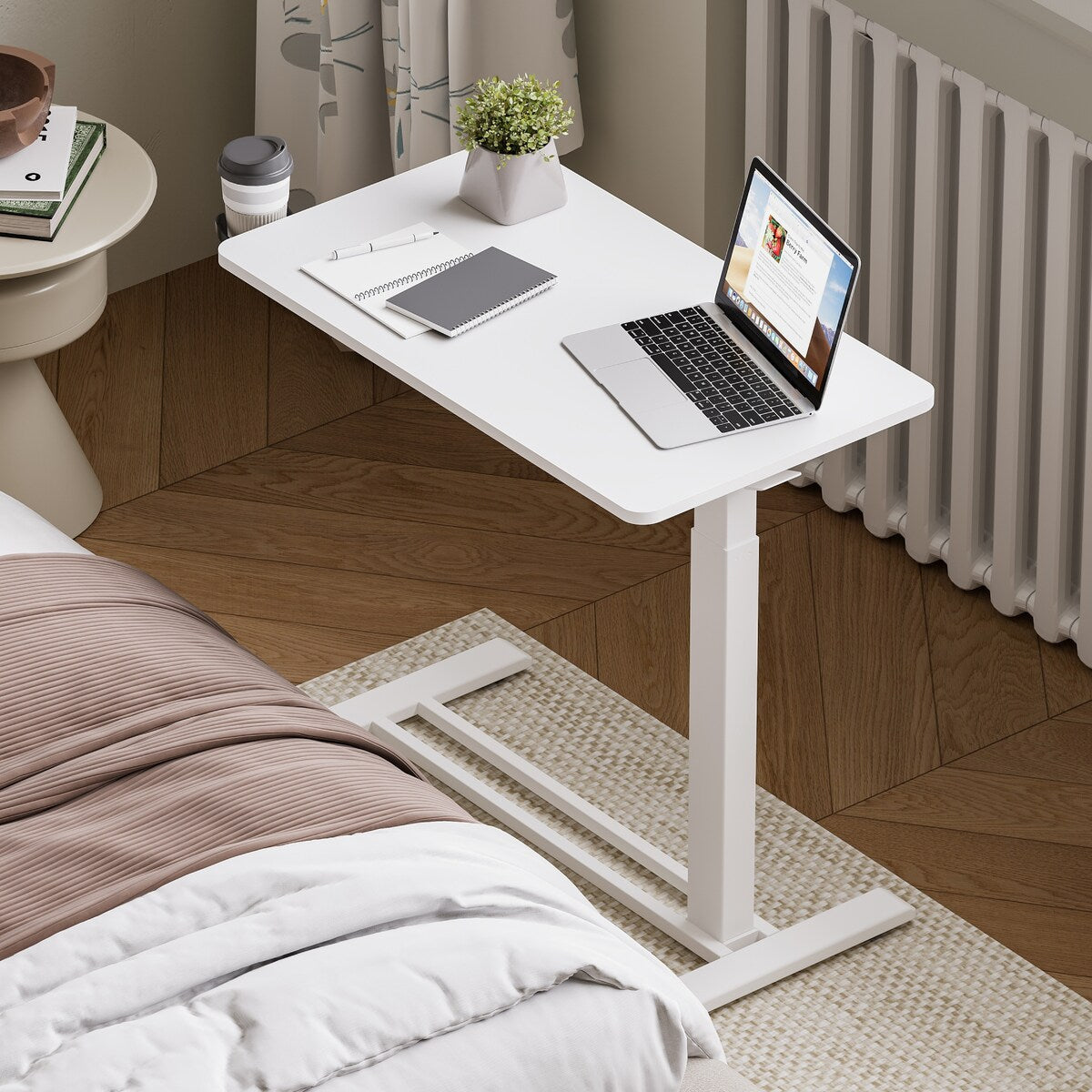 FunniHomi 28/32 Movable Overbed Table Height Adjustable Computer Desk with Wheels, White/Black Laptop Table for Bed and Sofa