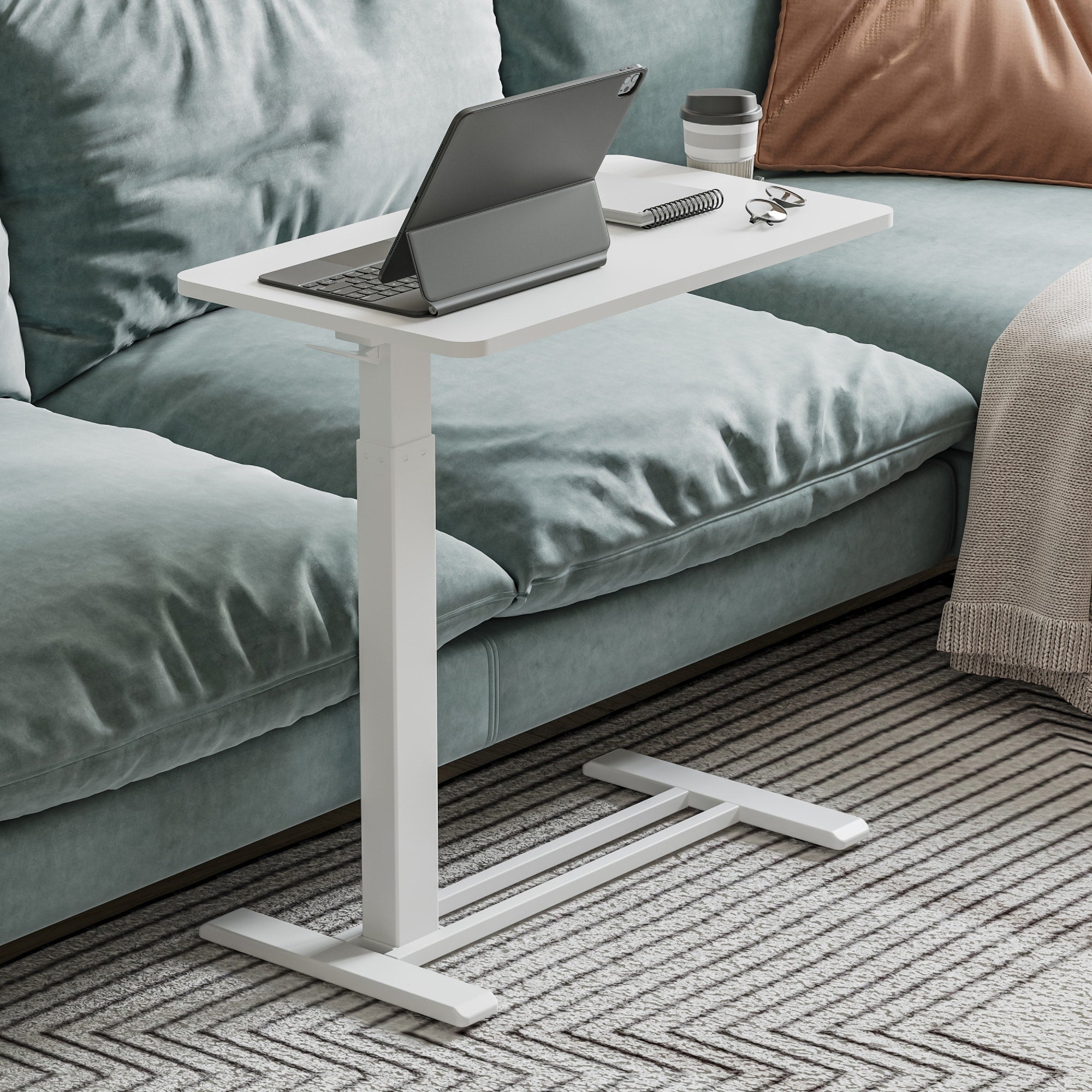 FunniHomi 28/32 Movable Overbed Table Height Adjustable Computer Desk with Wheels, White/Black Laptop Table for Bed and Sofa
