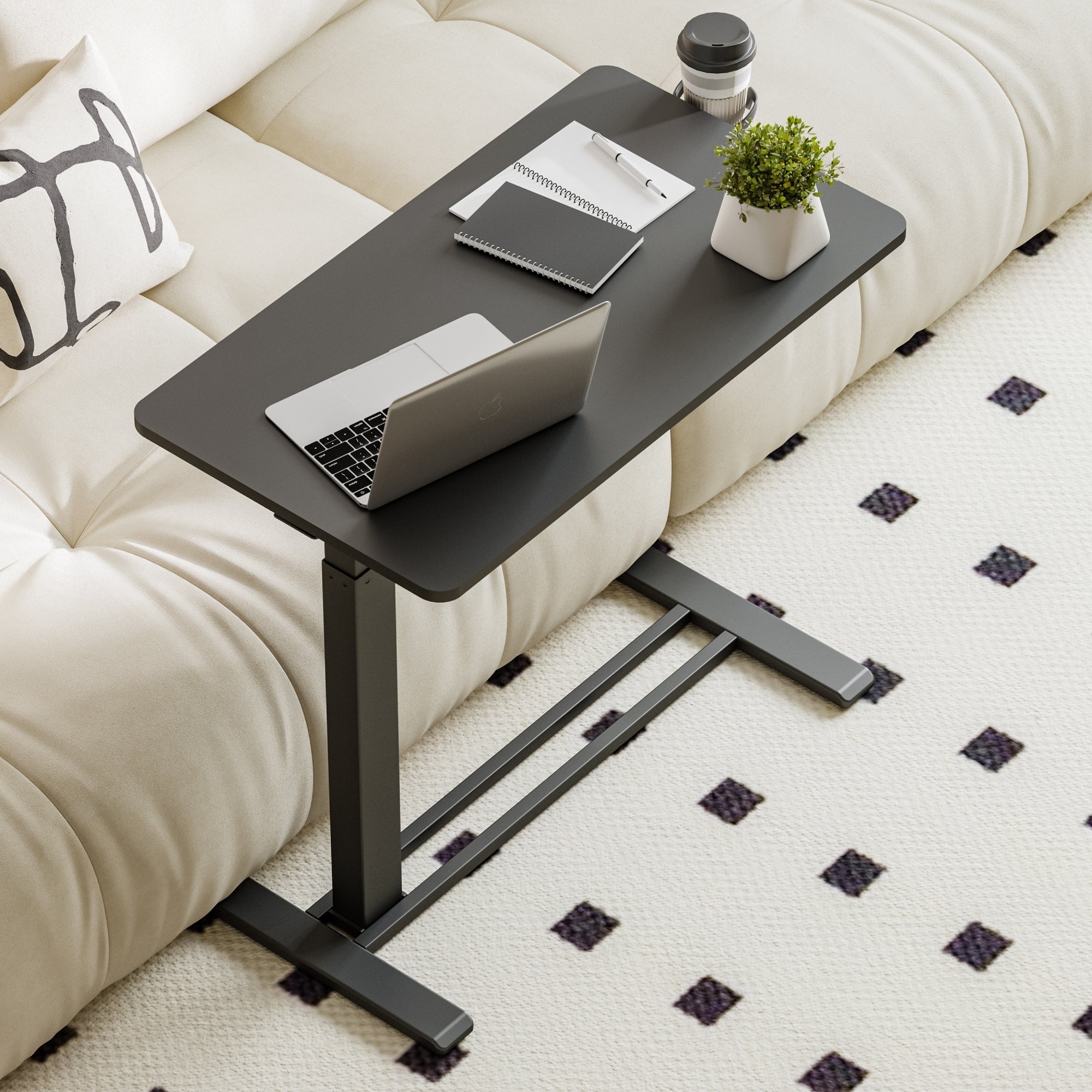 FunniHomi 28/32 Movable Overbed Table Height Adjustable Computer Desk with Wheels, White/Black Laptop Table for Bed and Sofa