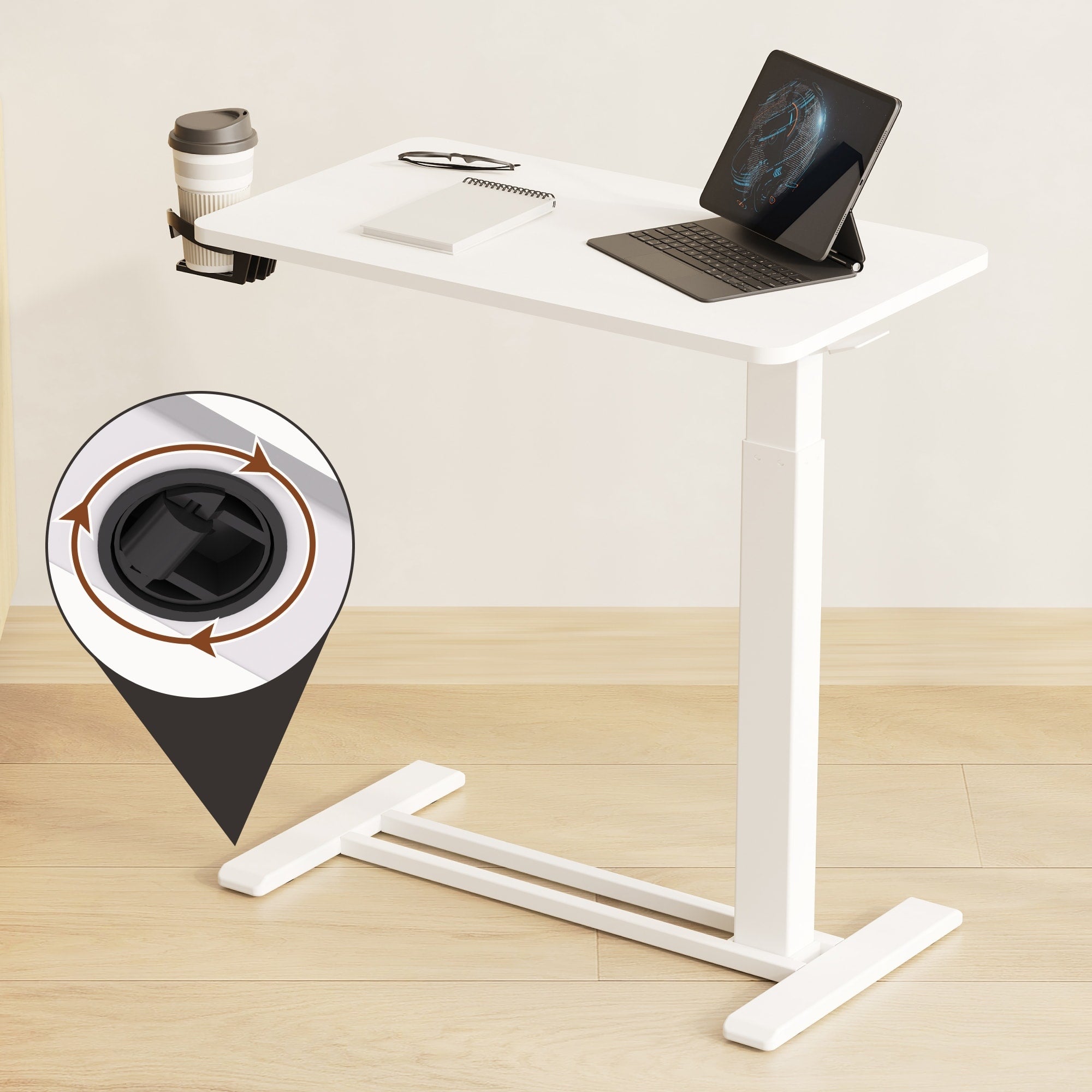 FunniHomi 28/32 Movable Overbed Table Height Adjustable Computer Desk with Wheels, White/Black Laptop Table for Bed and Sofa