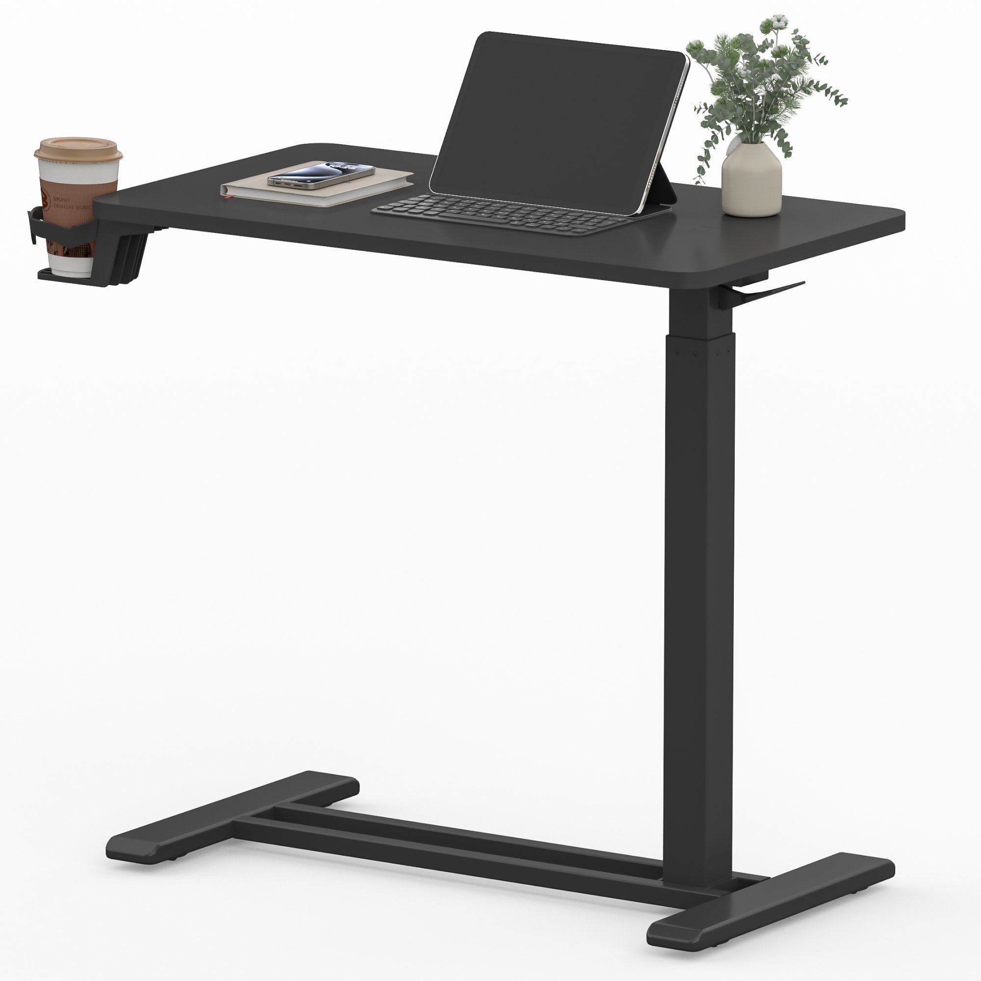 FunniHomi 28/32 Movable Overbed Table Height Adjustable Computer Desk with Wheels, White/Black Laptop Table for Bed and Sofa